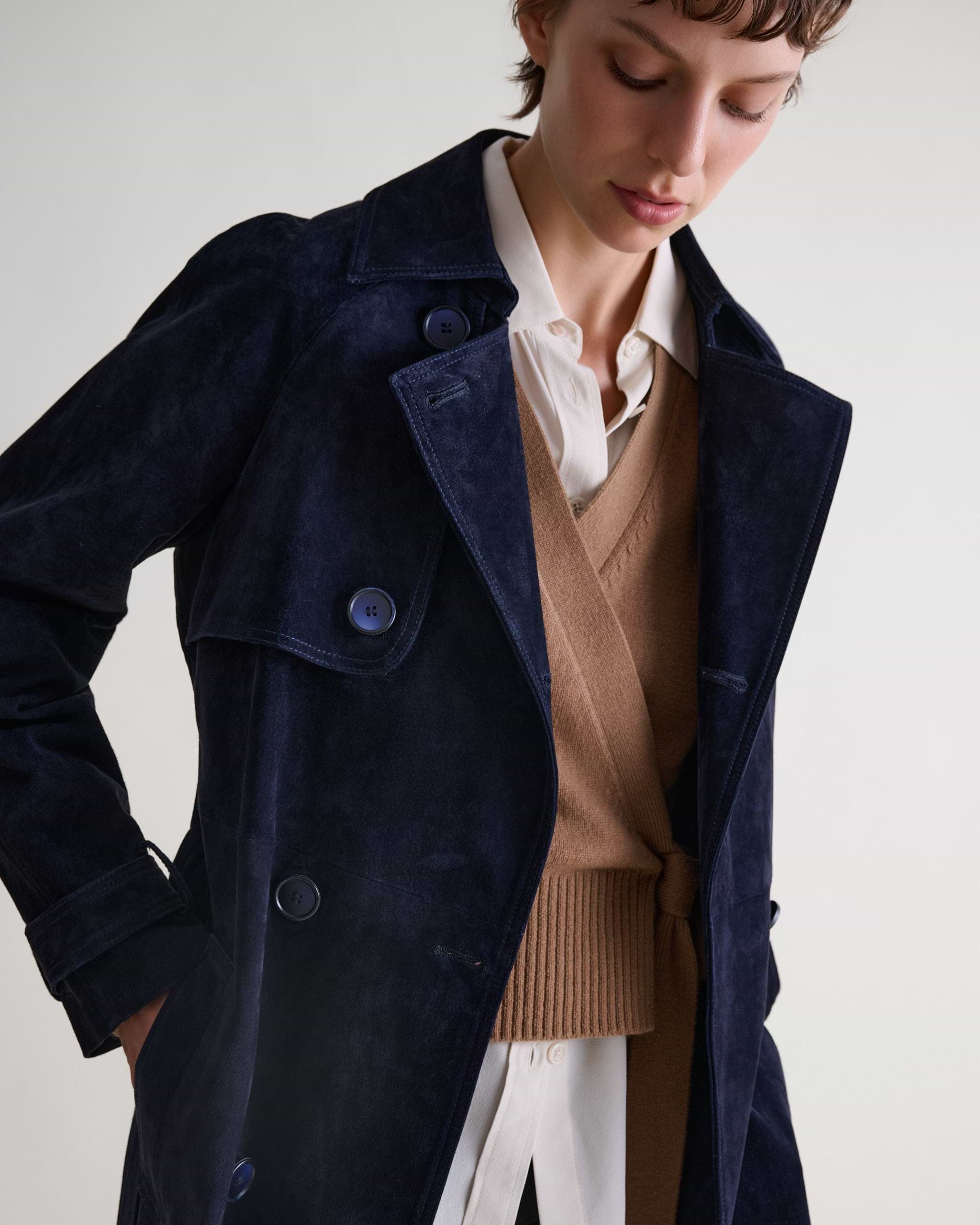 Suede Trench Coat - Navy