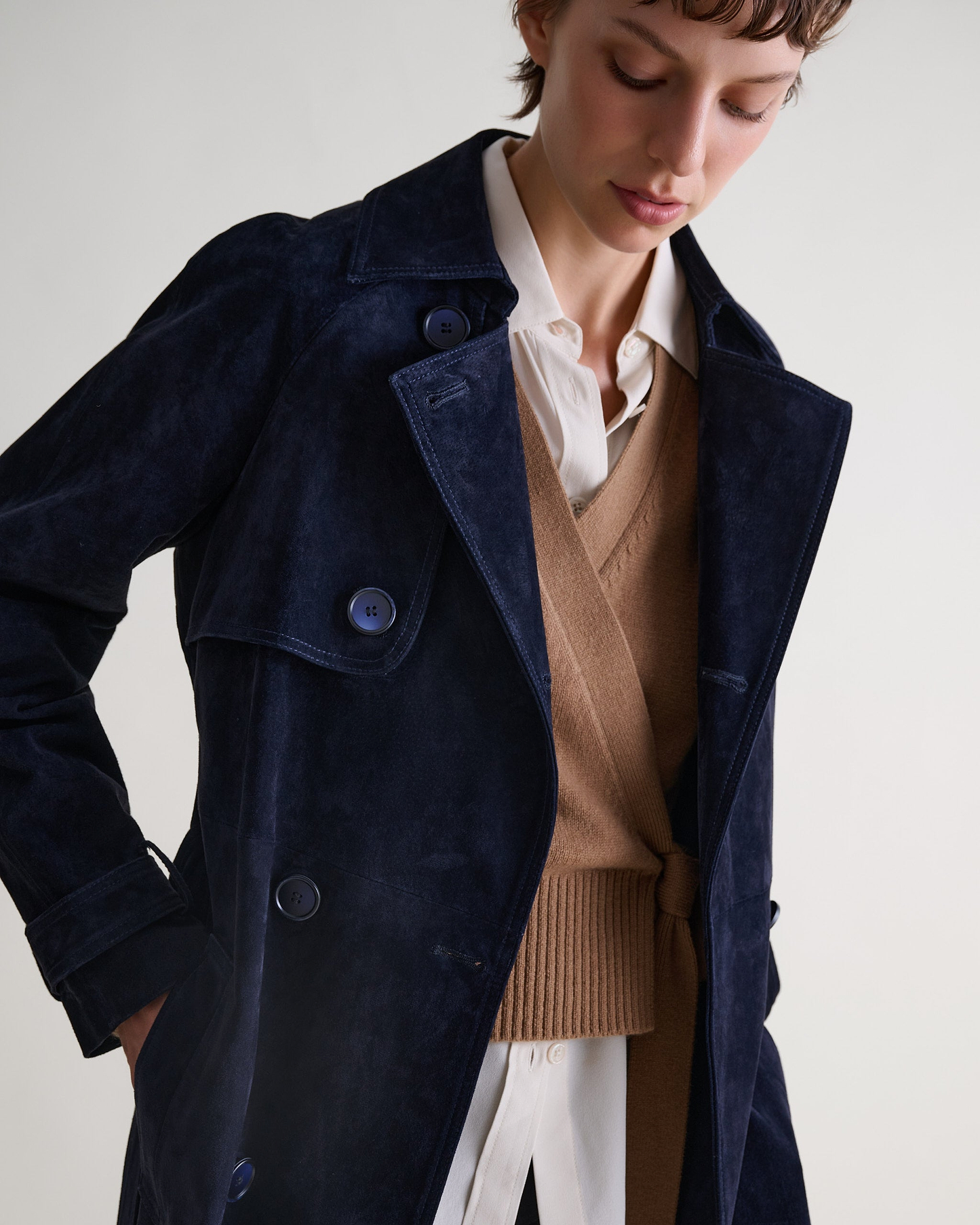 Suede Trench Coat - Navy