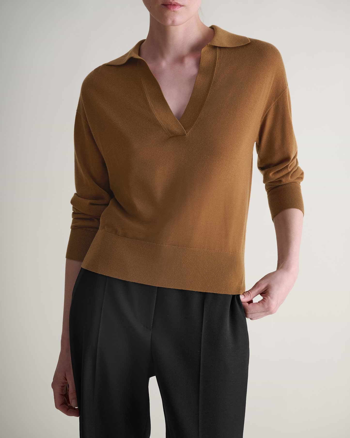 Women's TENCEL™ Cashmere Open Collar Polo - Deep Camel