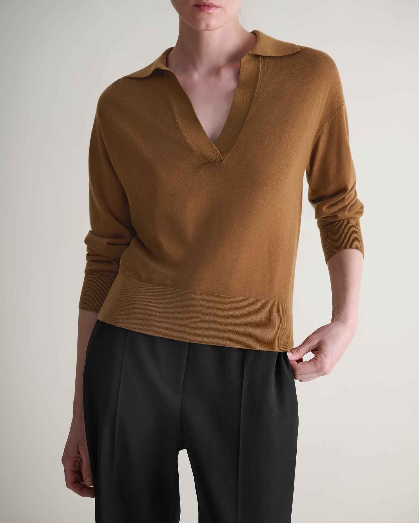 Women's TENCEL™ Cashmere Open Collar Polo - Deep Camel