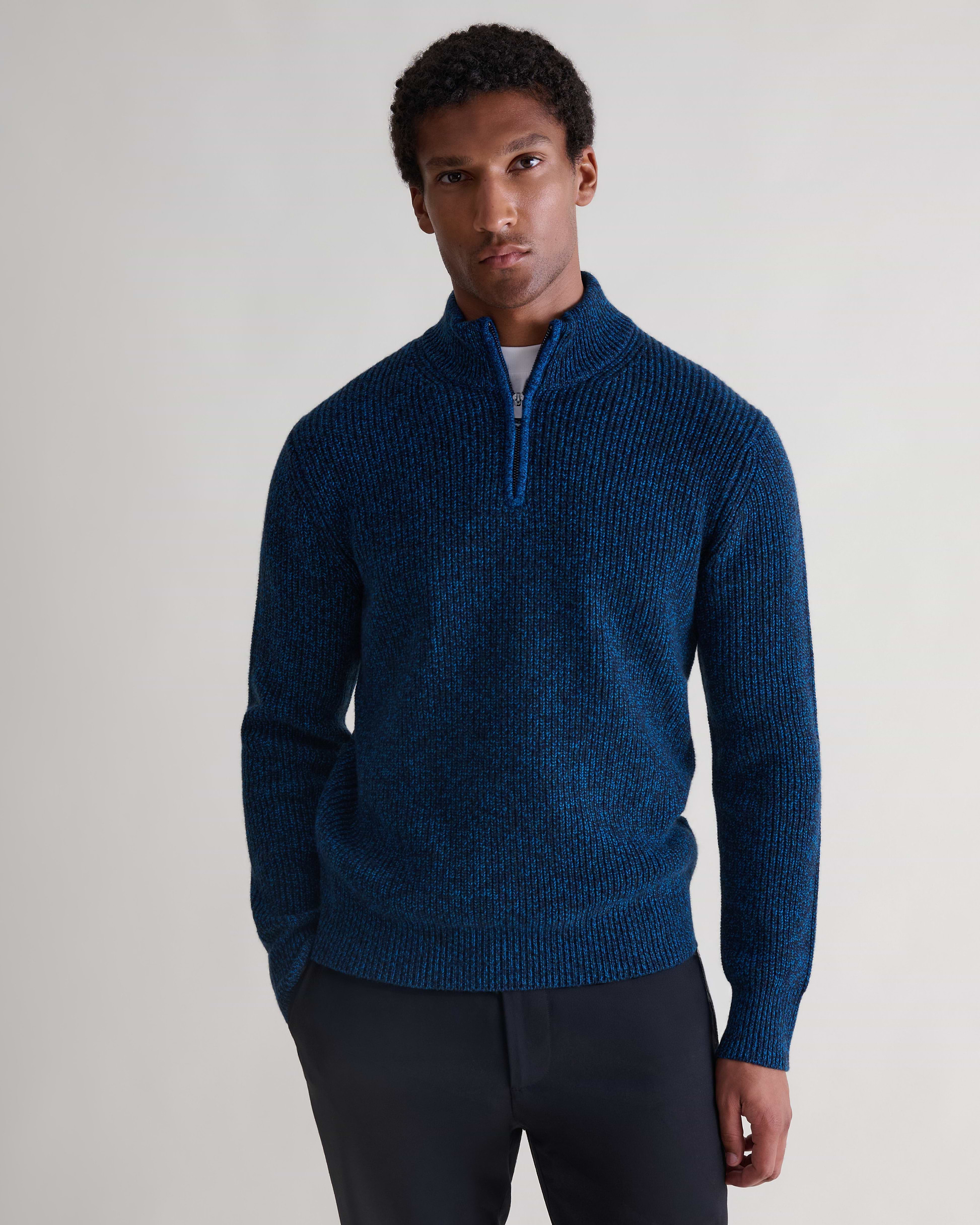 Men's Cashmere Merino Fishermans Rib 1/4 Zip Jumper - Mood Indigo Moulinee