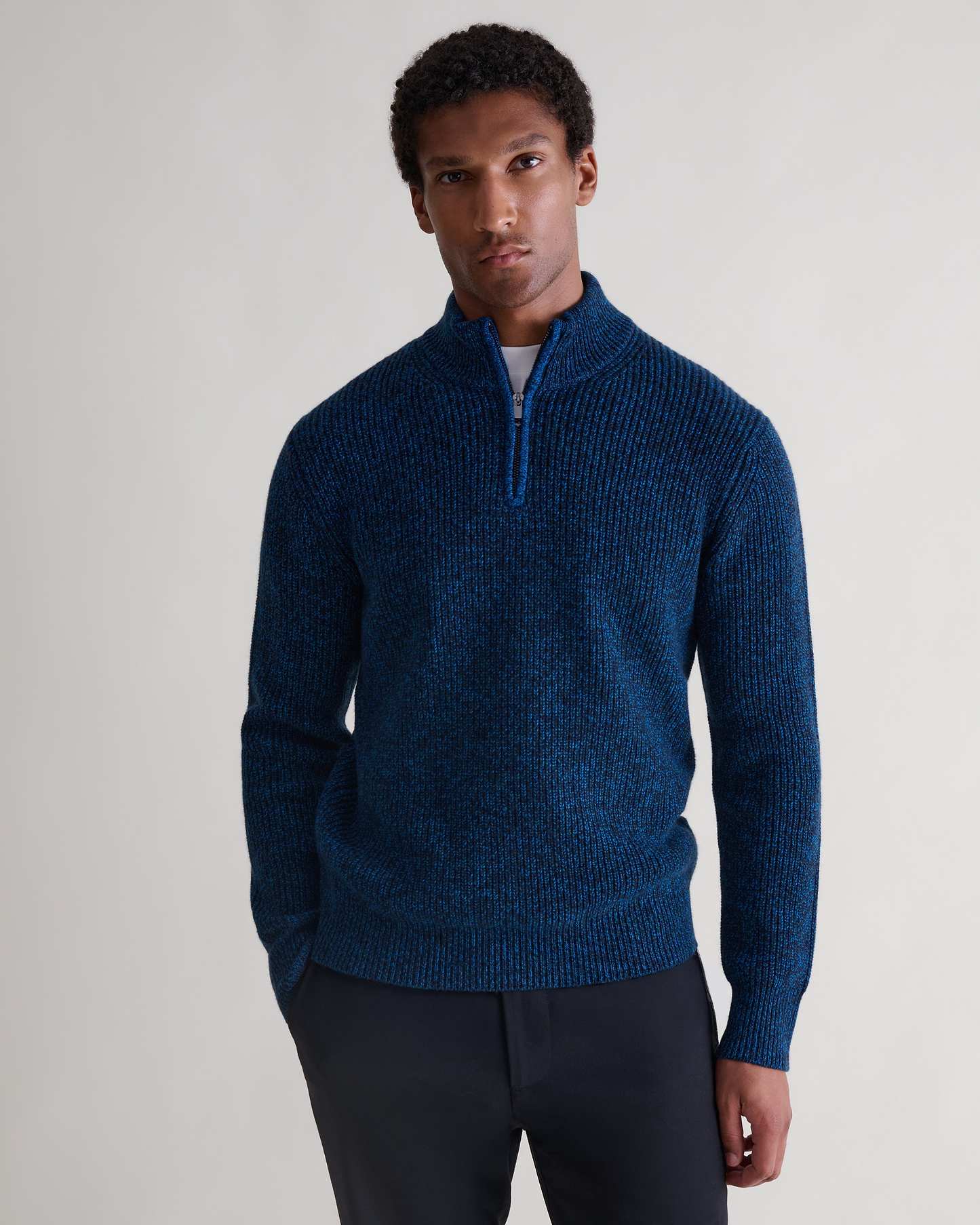 Men's Cashmere Merino Fishermans Rib 1/4 Zip Jumper - Mood Indigo Moulinee