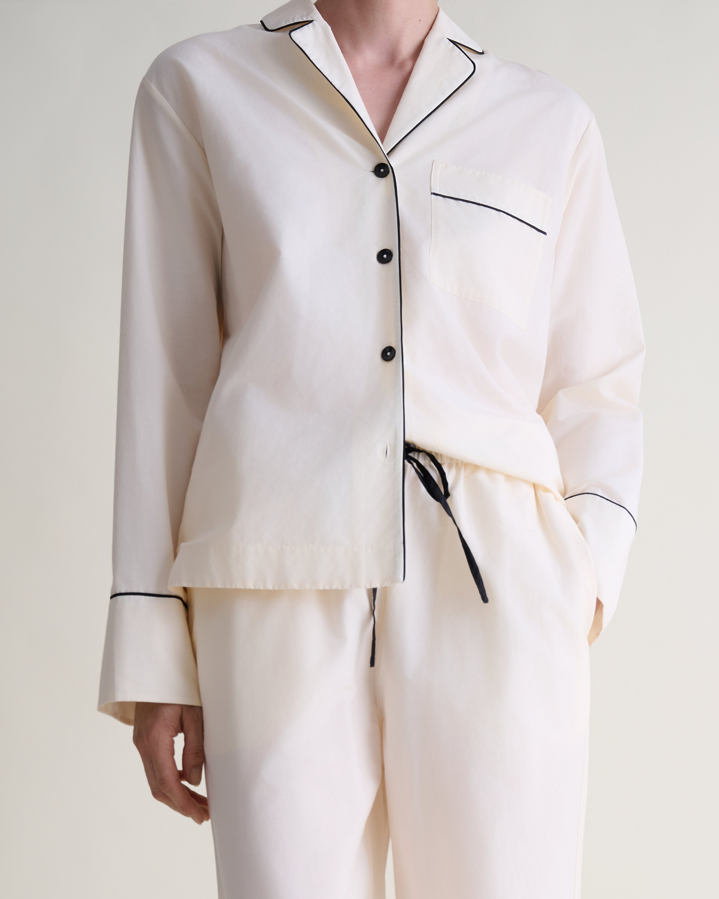 Women's Silk Cotton Pyjama Set - Buttermilk/Black