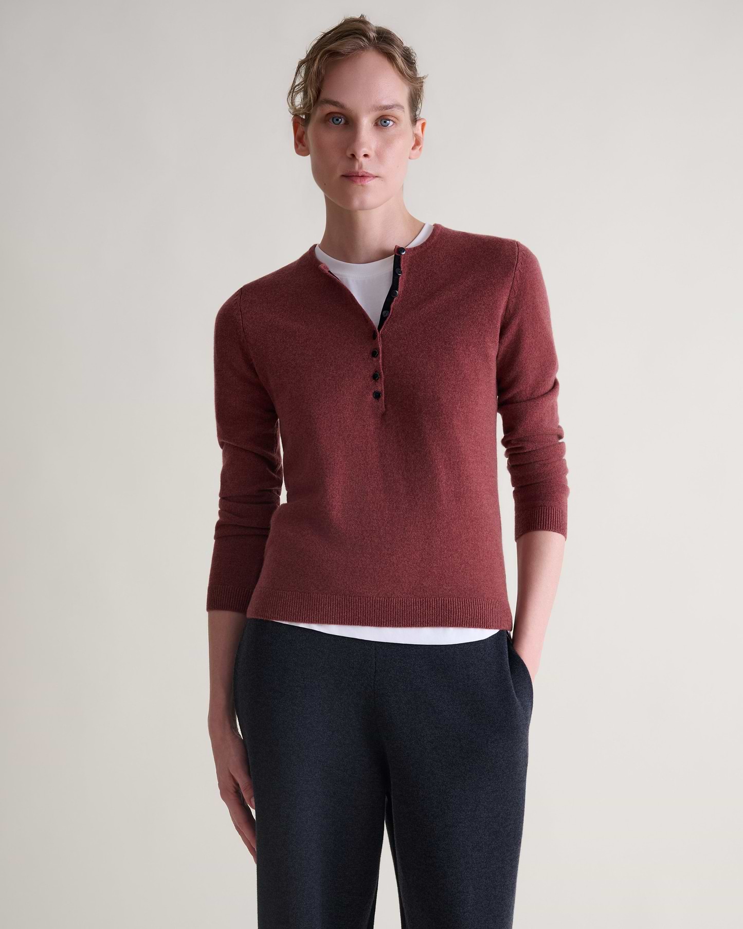 Women's Cashmere Merino Henley Jumper - Deep Clay
