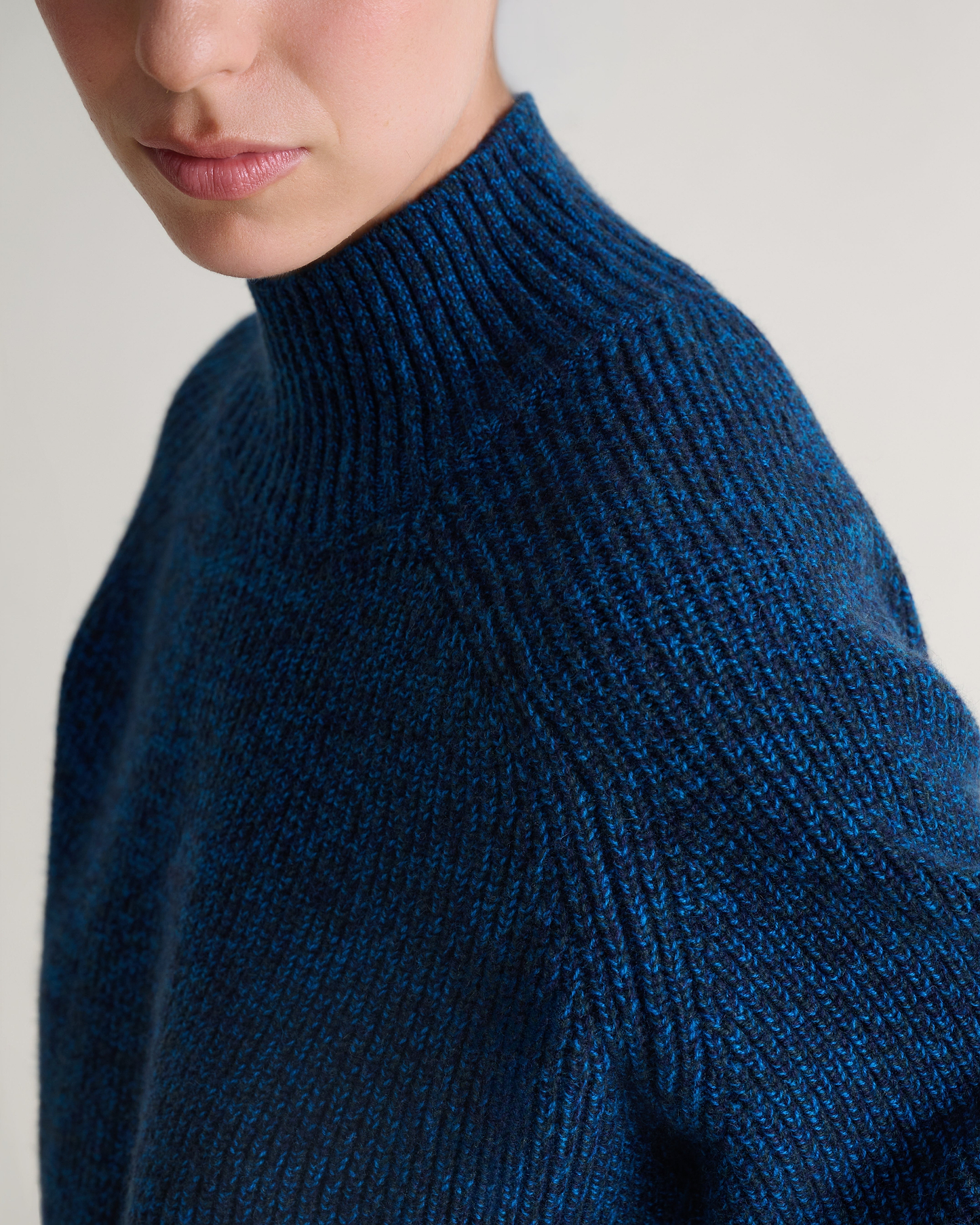 Women's Cashmere Merino Ribbed High Neck Jumper - Mood Indigo Moulinee