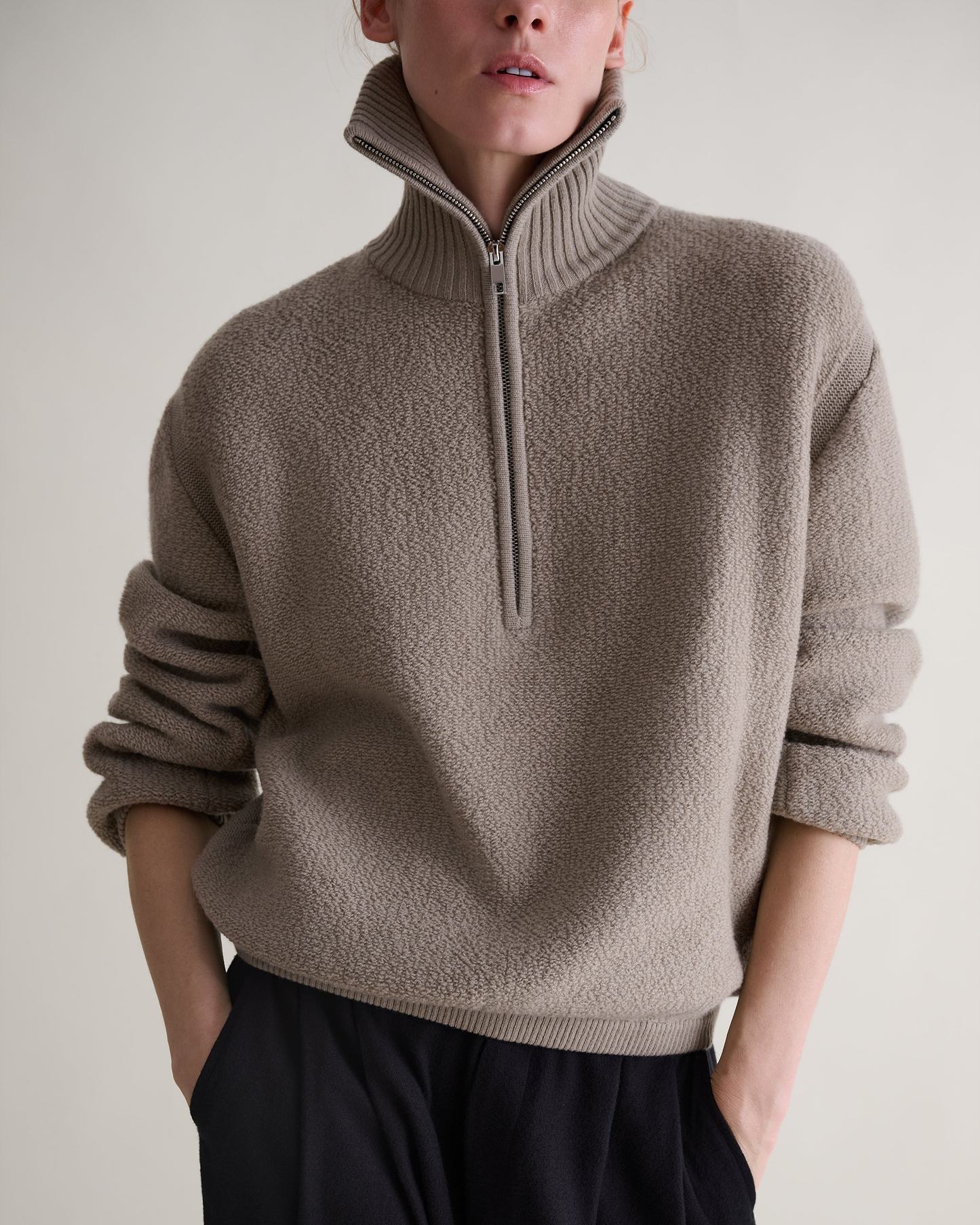 Women's Merino Wool Loop Knit Funnel Neck Jumper - Putty