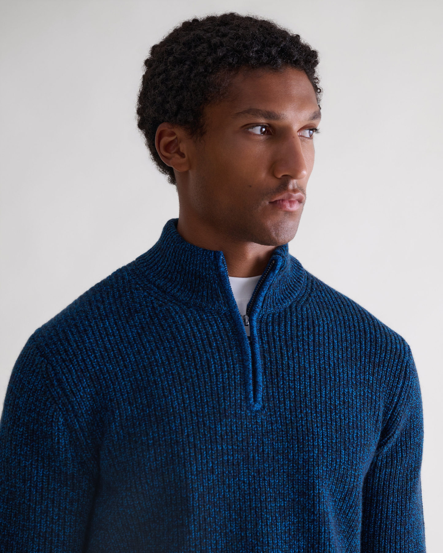 Men's Cashmere Merino Fishermans Rib 1/4 Zip Jumper - Mood Indigo Moulinee