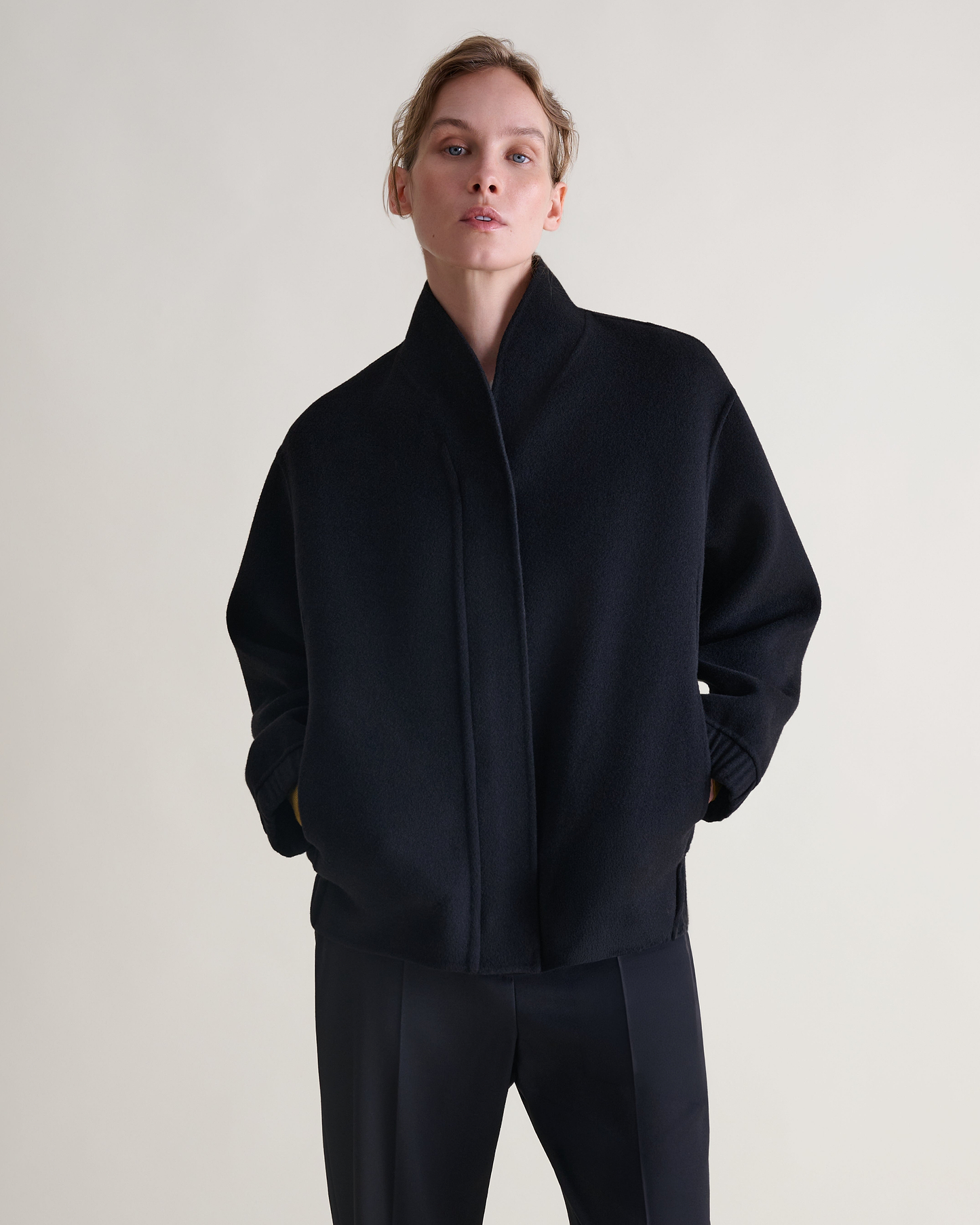 Women's Cashmere Wool Double Faced Bomber Jacket - Black