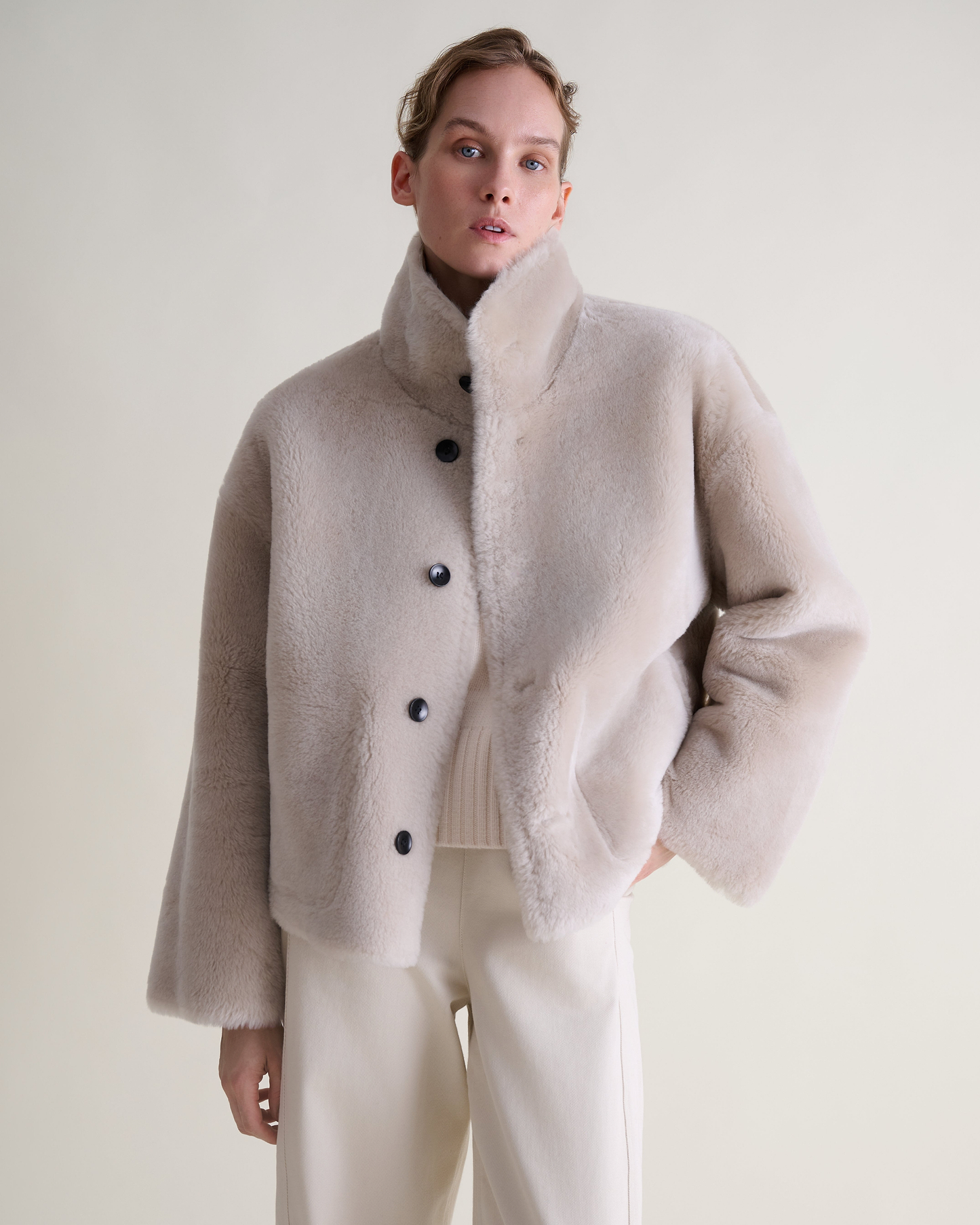 Women's Reversible Shearling Funnel Neck Jacket - Bone