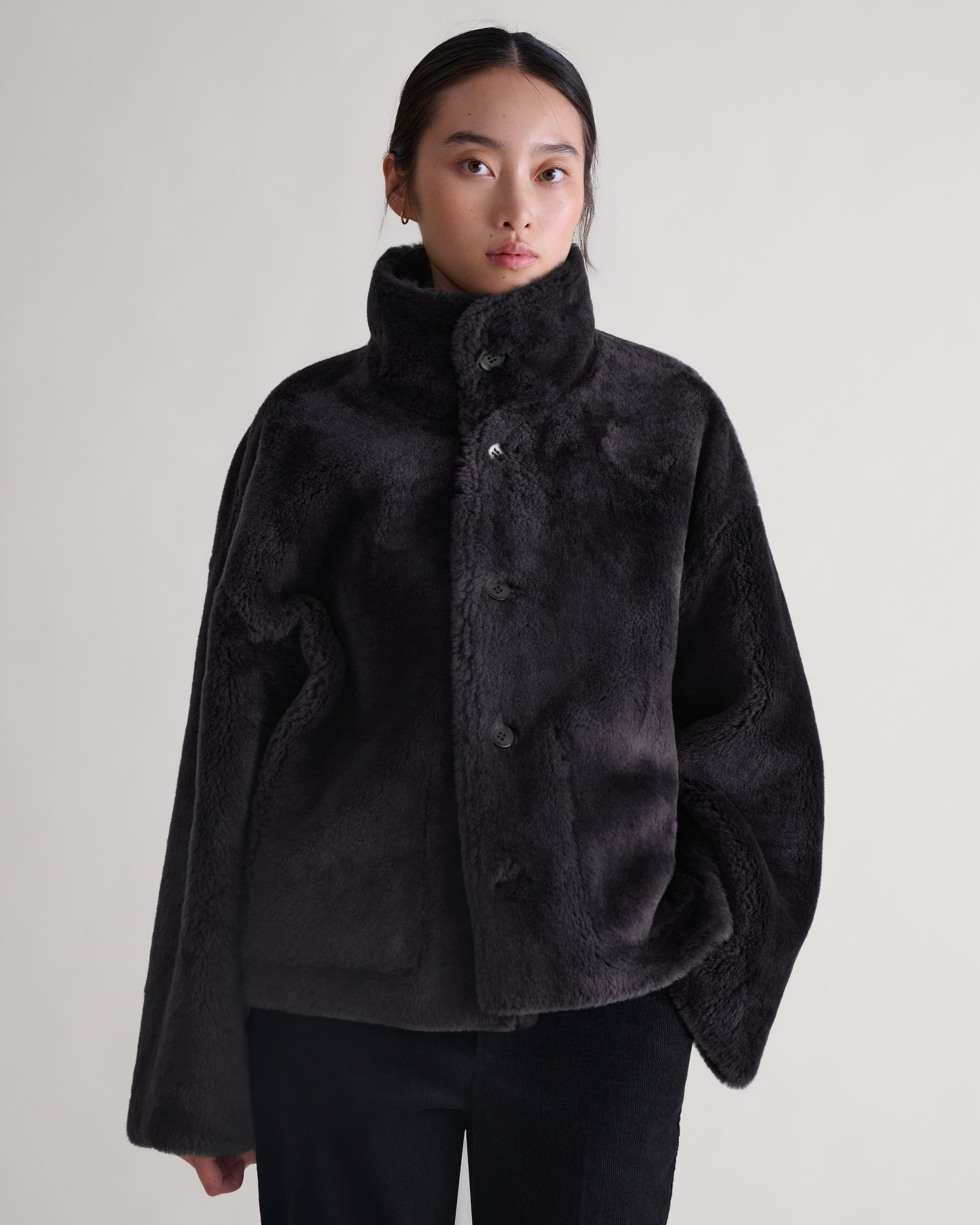 Women's Reversible Shearling Funnel Neck Jacket - Espresso