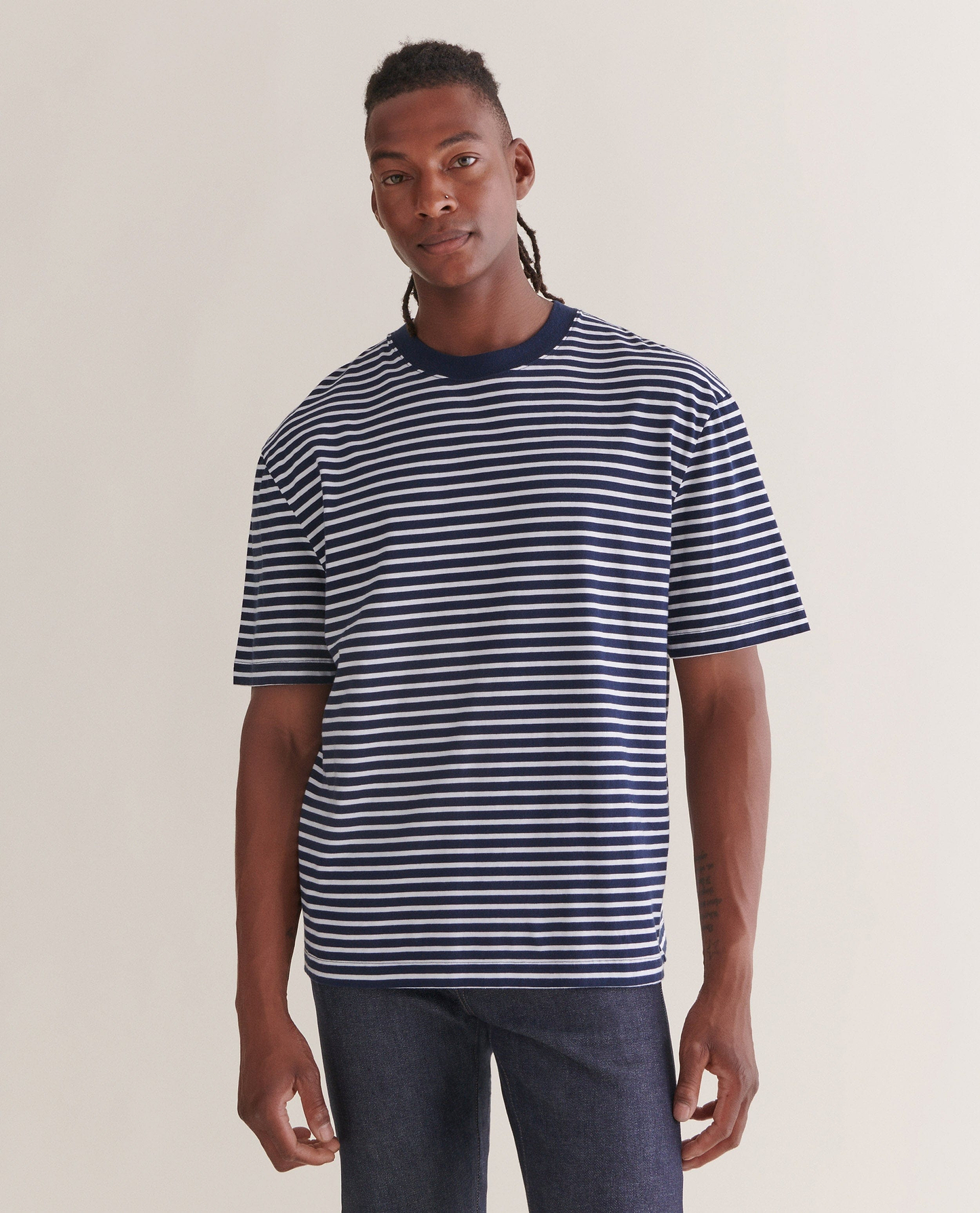 Men's Relaxed Striped Cotton T-shirt - Navy