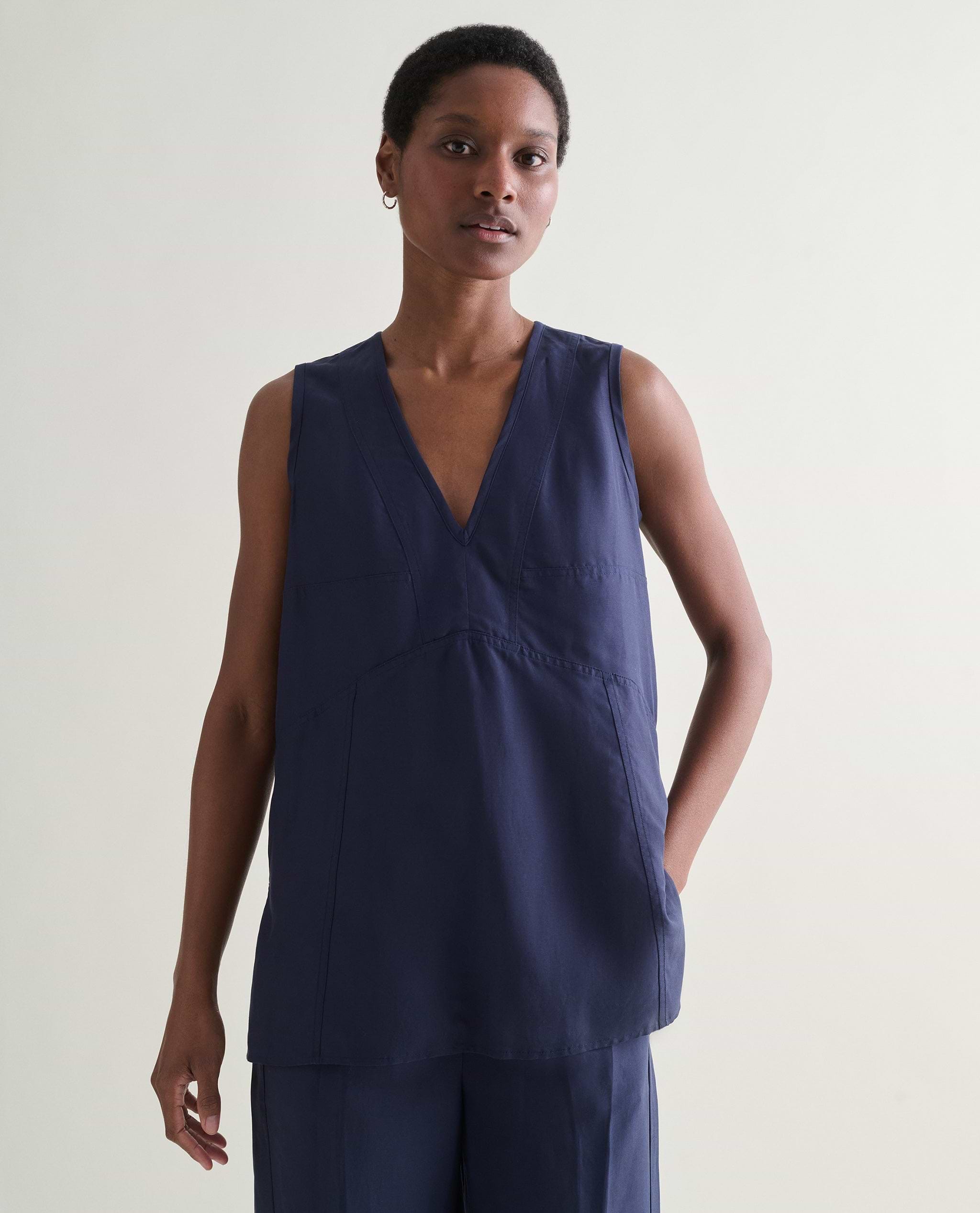 Women's Future-Linen V Neck Tunic Top - Navy