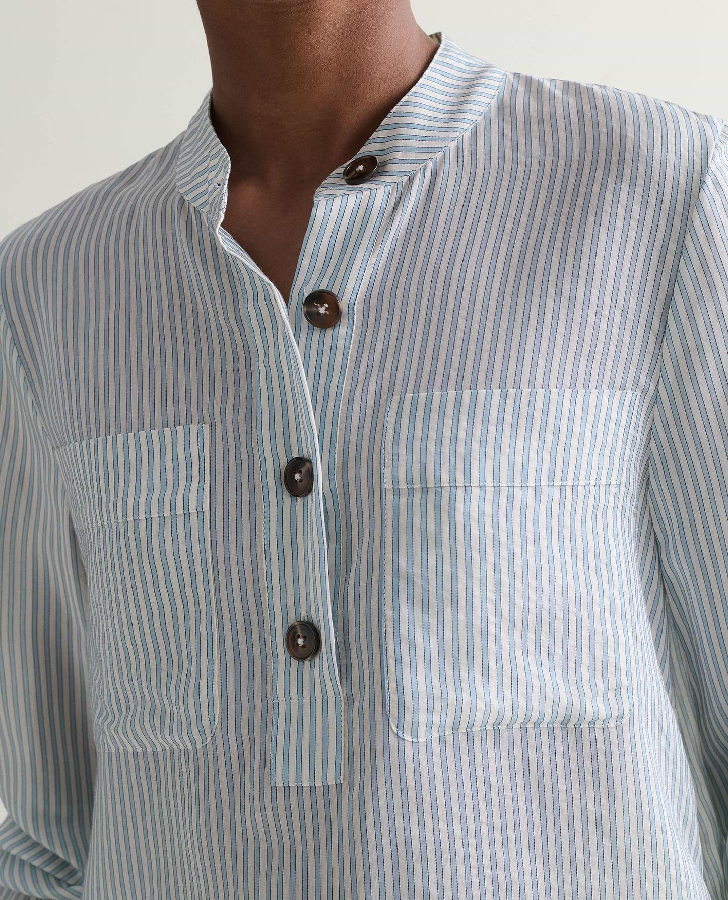 Women's Silk Stripe Grandad Collar Blouse - Blue Stripe