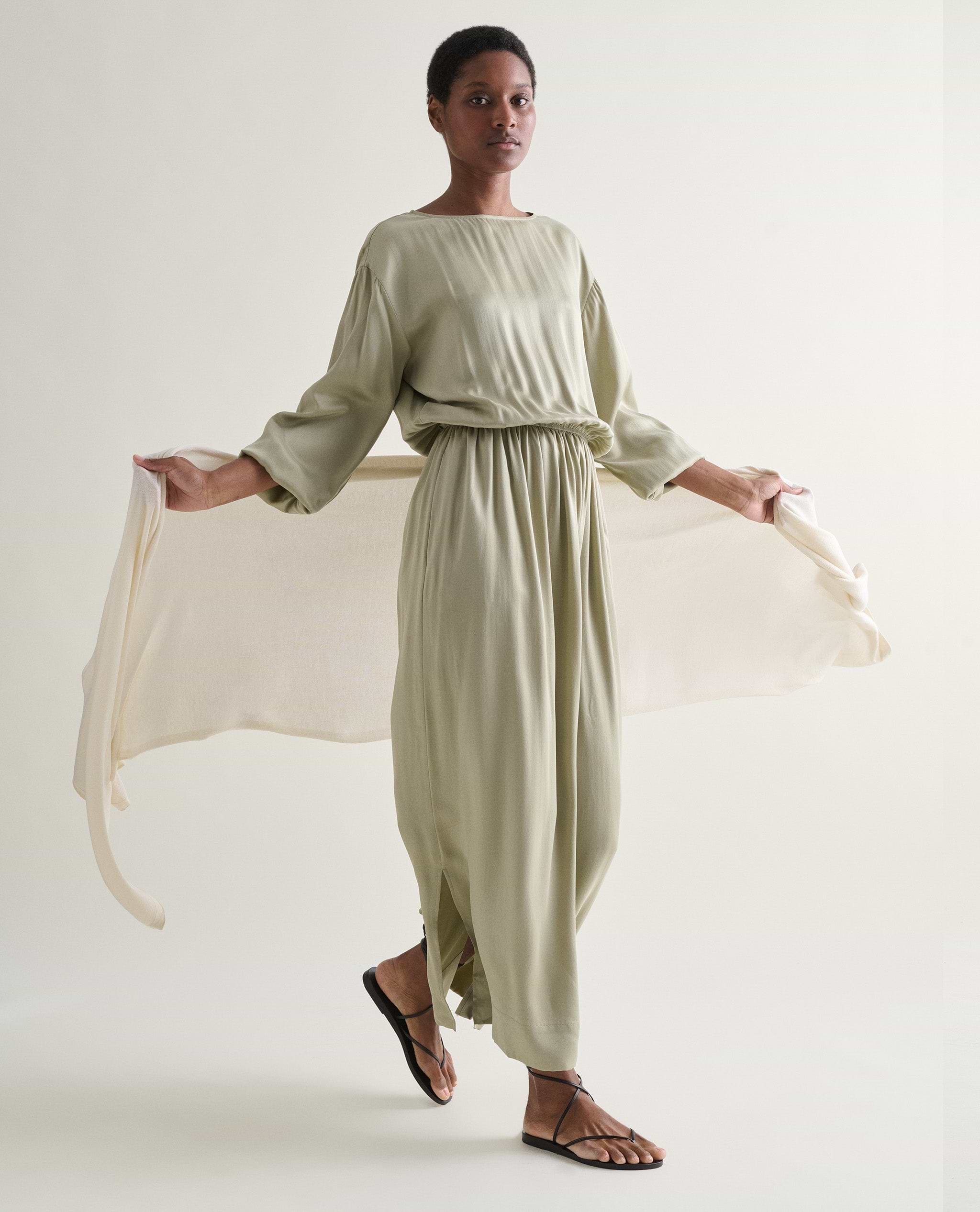 Women's Gathered Waist Easy-Silk Dress - Dried Sage