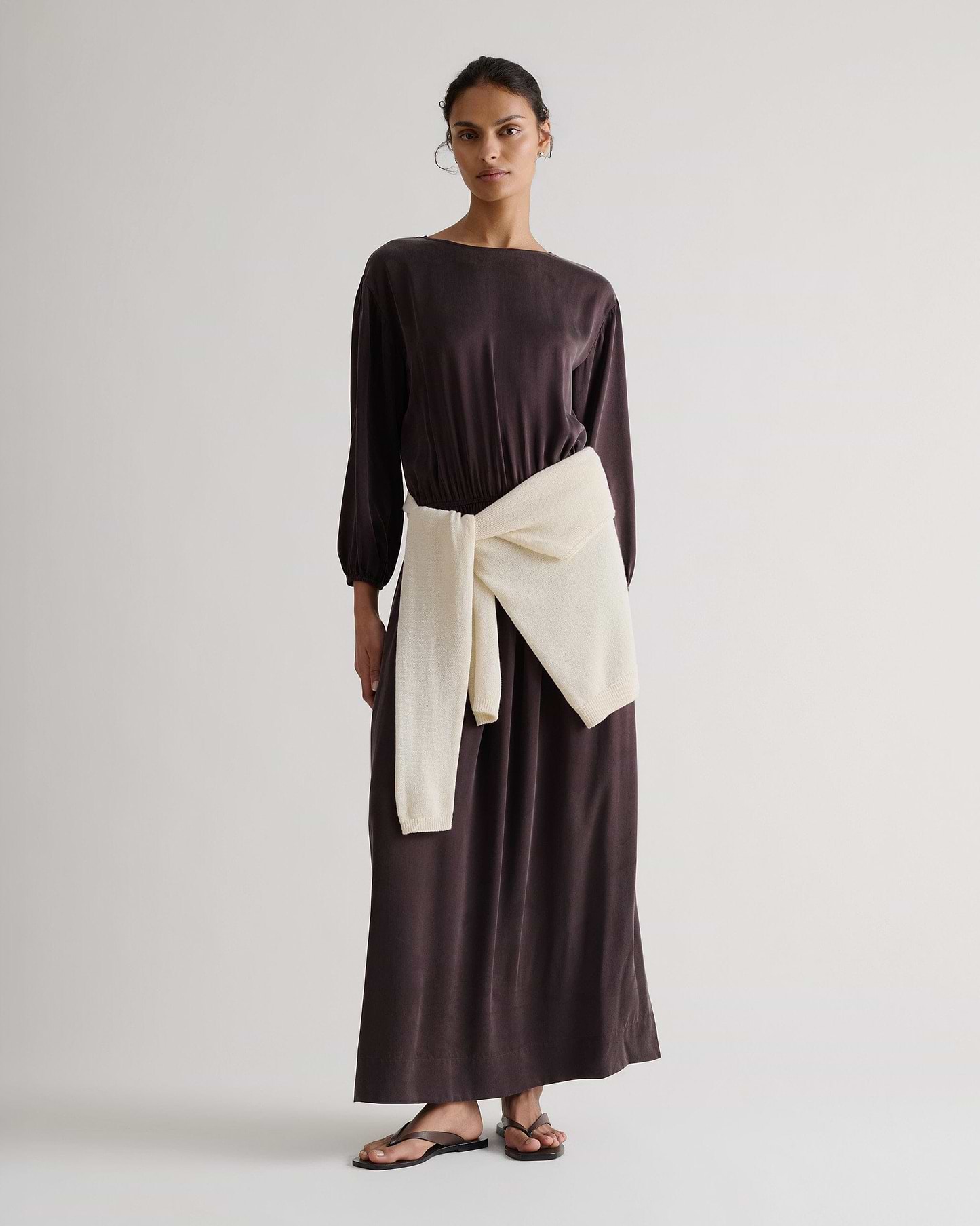 Women's Gathered Waist Easy-Silk Dress - Umber
