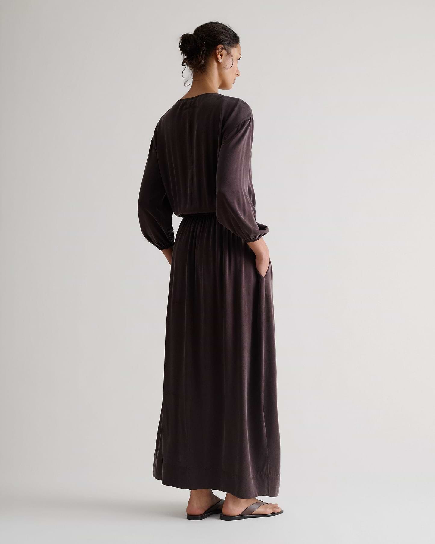 Women's Gathered Waist Easy-Silk Dress - Umber