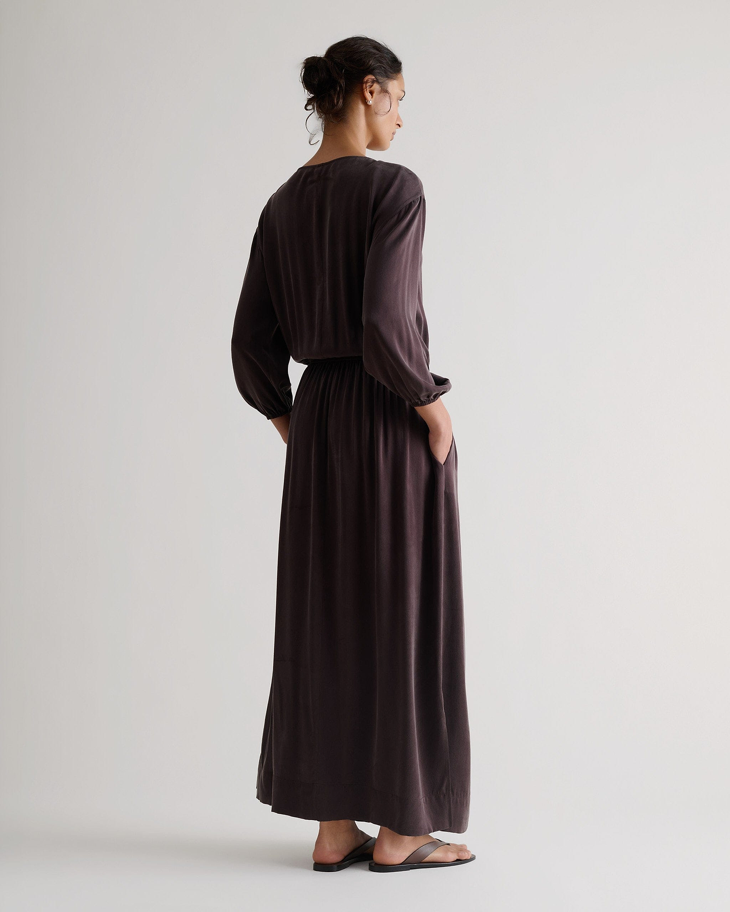 Women's Gathered Waist Easy-Silk Dress - Umber