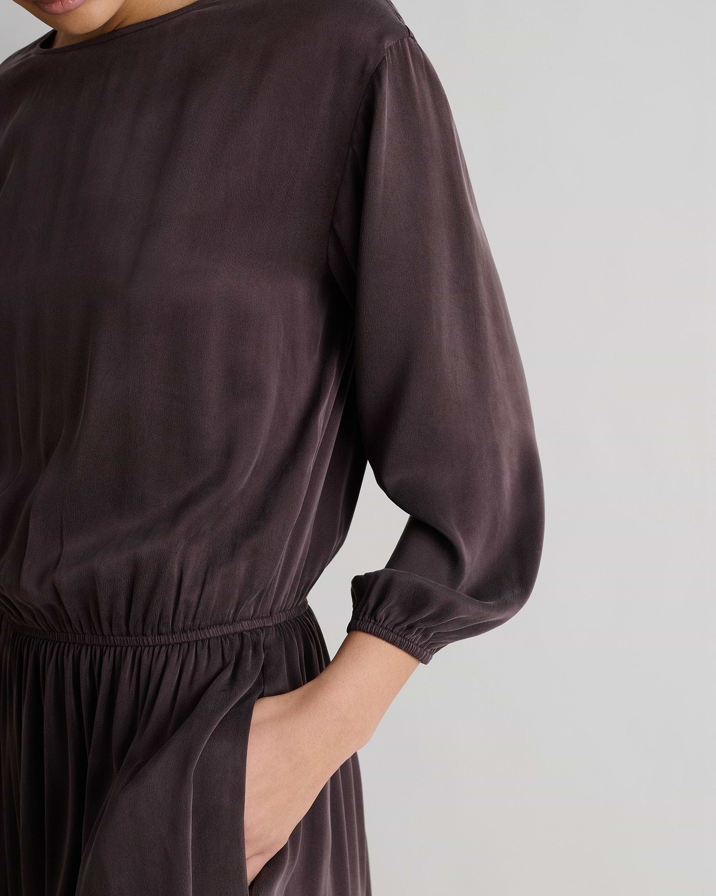 Women's Gathered Waist Easy-Silk Dress - Umber
