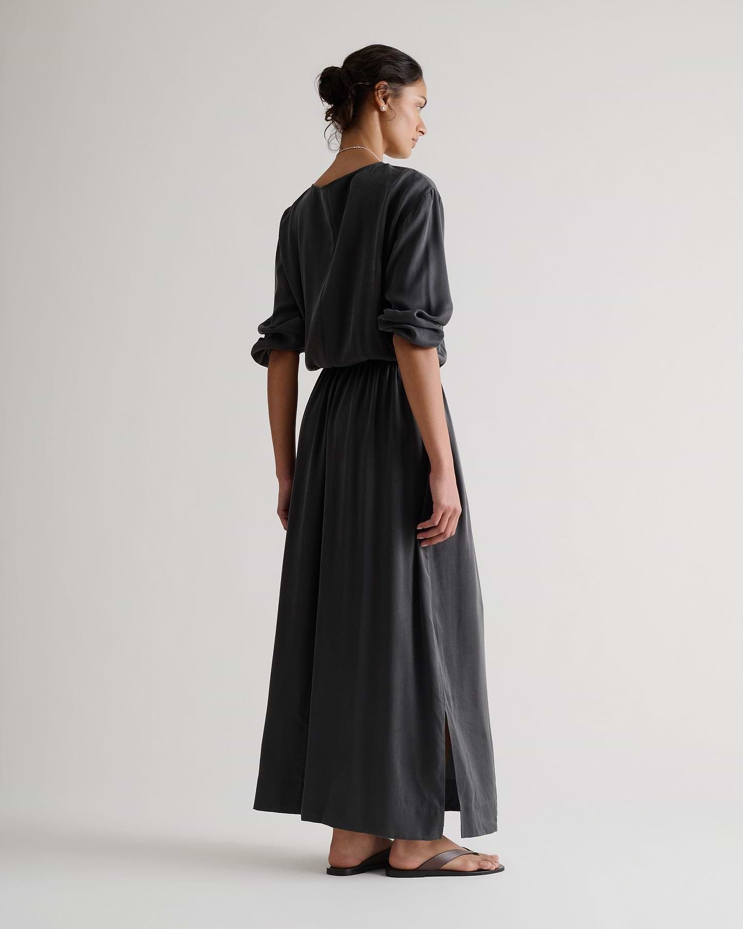Women's Gathered Waist Easy-Silk Dress - Washed Black