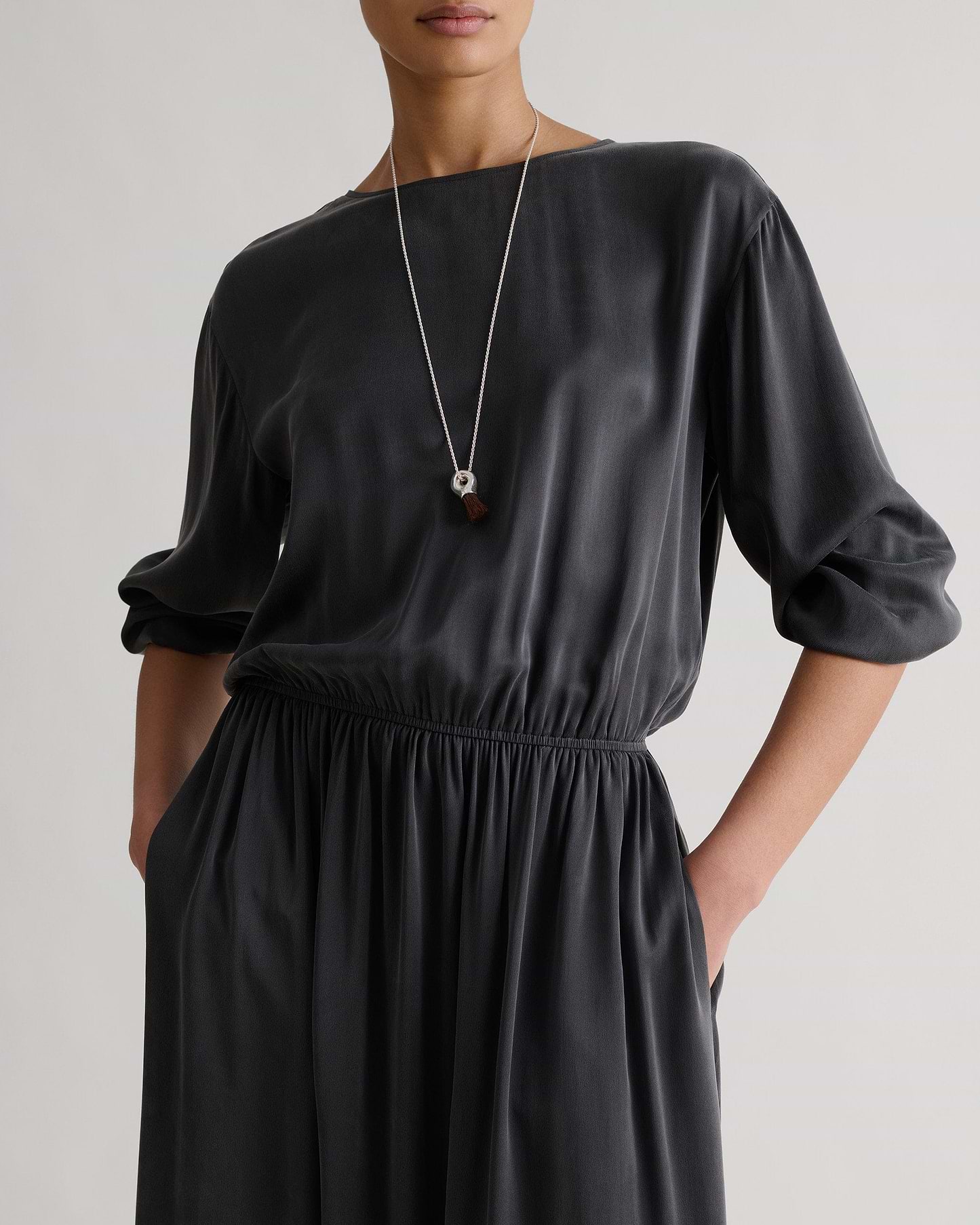 Women's Gathered Waist Easy-Silk Dress - Washed Black