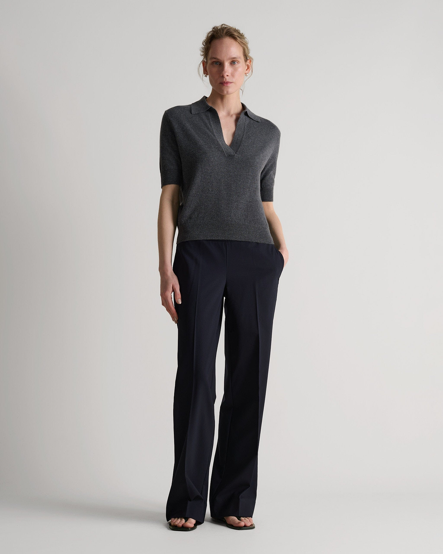 Women's Finest Cashmere Open Collar Polo - Graphite