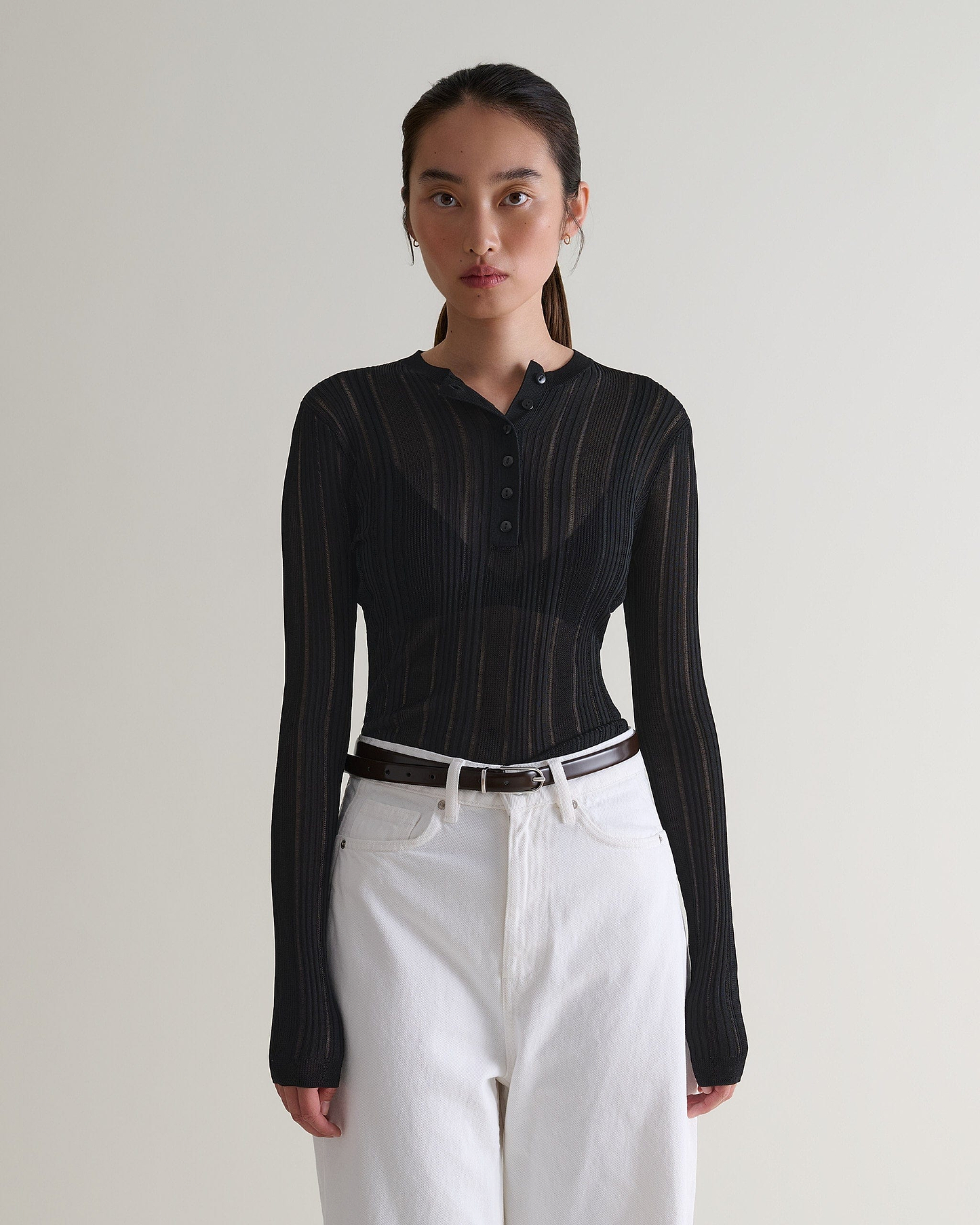 Women's Ladder Ribbed Henley Top - Black
