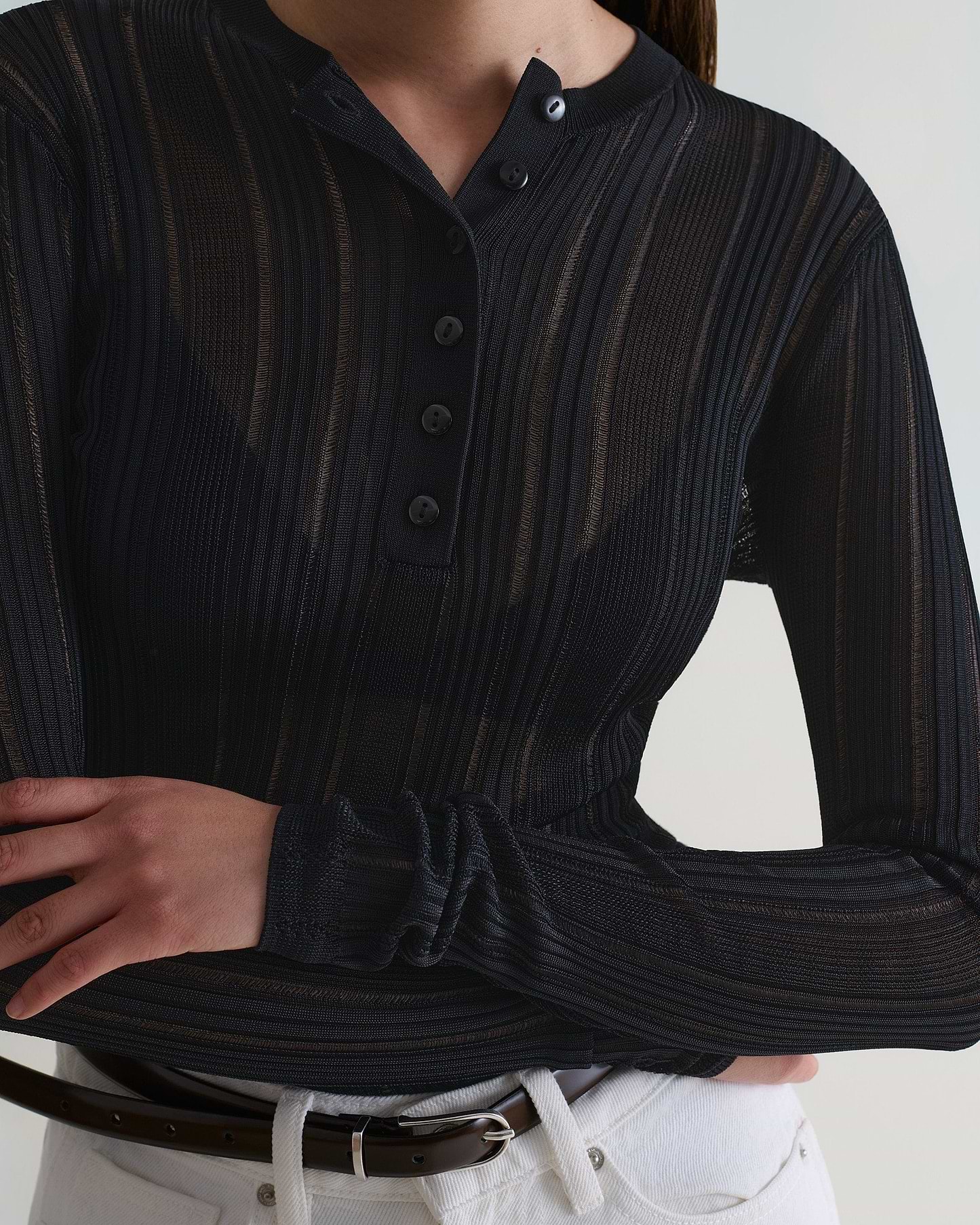 Women's Ladder Ribbed Henley Top - Black