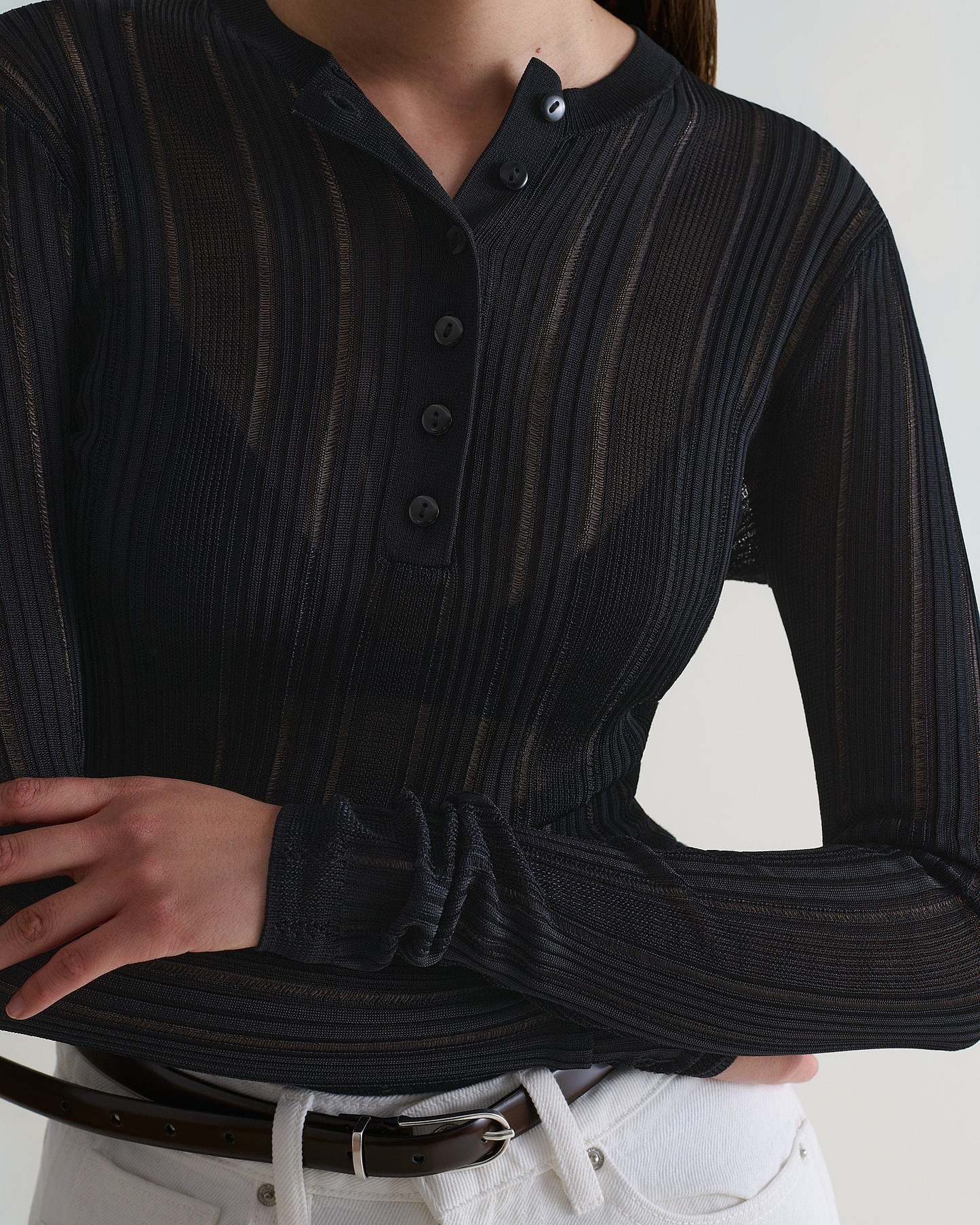 Women's Ladder Ribbed Henley Top - Black