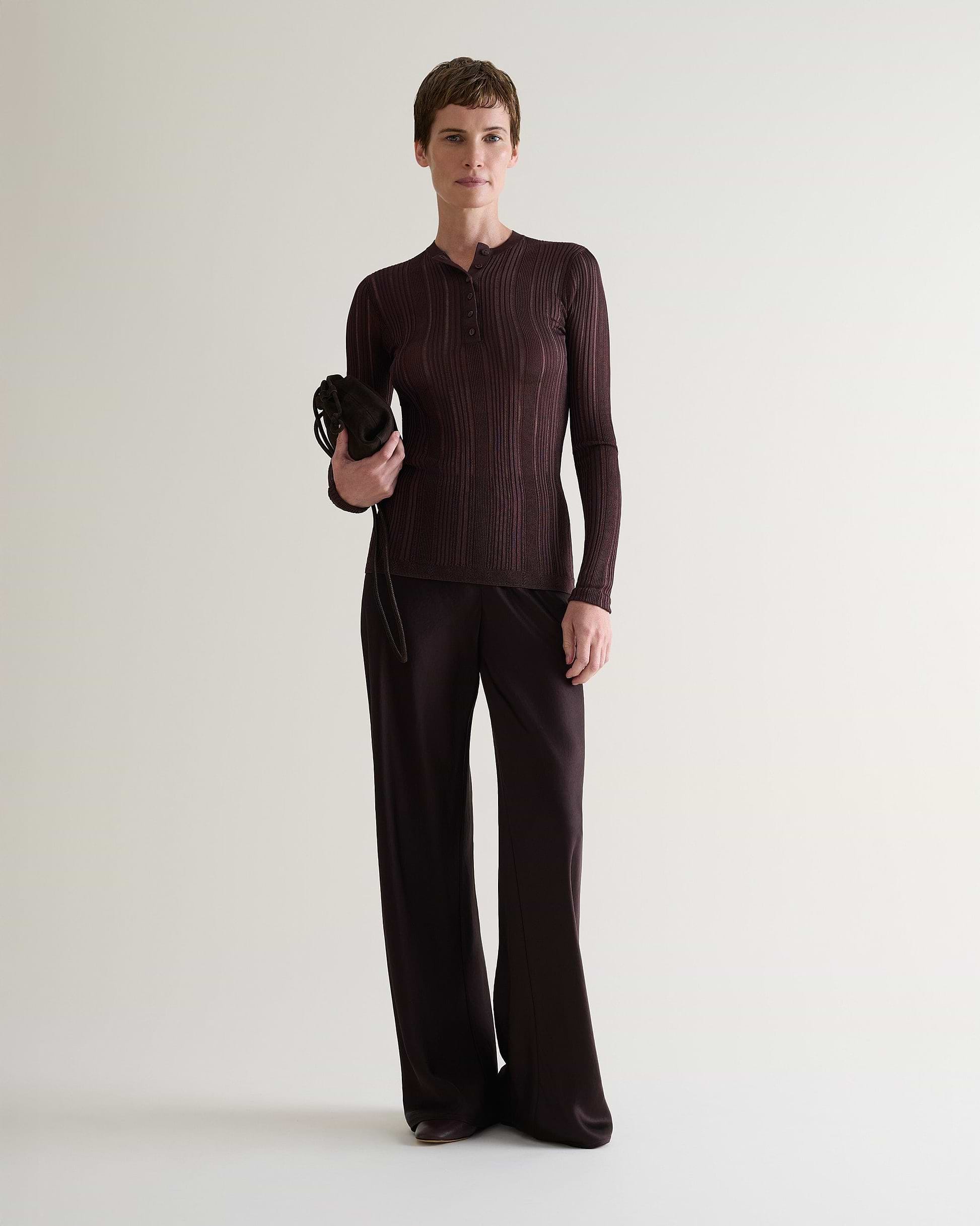 Women's Ladder Ribbed Henley Top - Chocolate