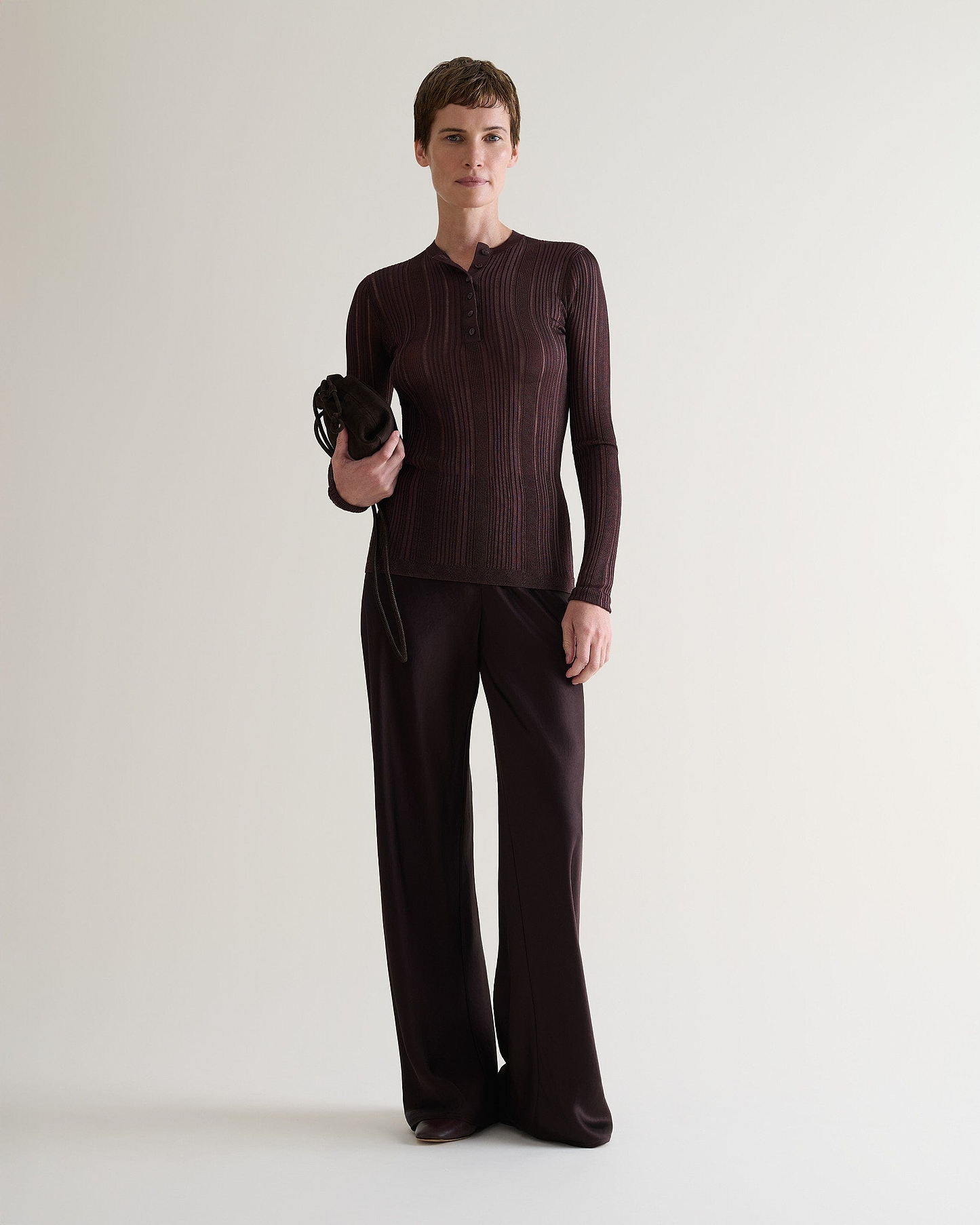 Women's Ladder Ribbed Henley Top - Chocolate