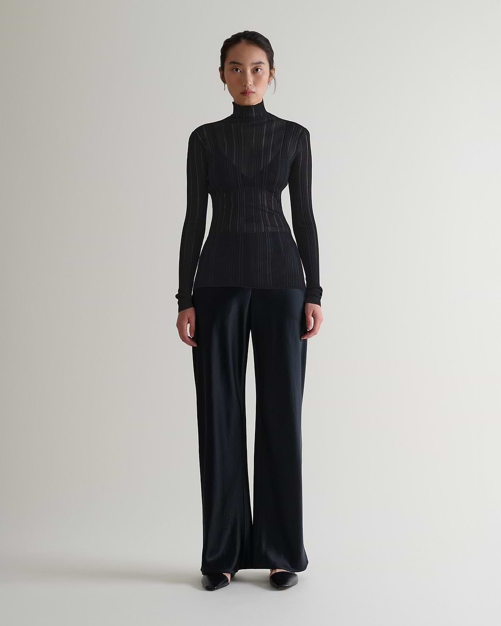Women's Ladder Ribbed Roll Neck Top - Black