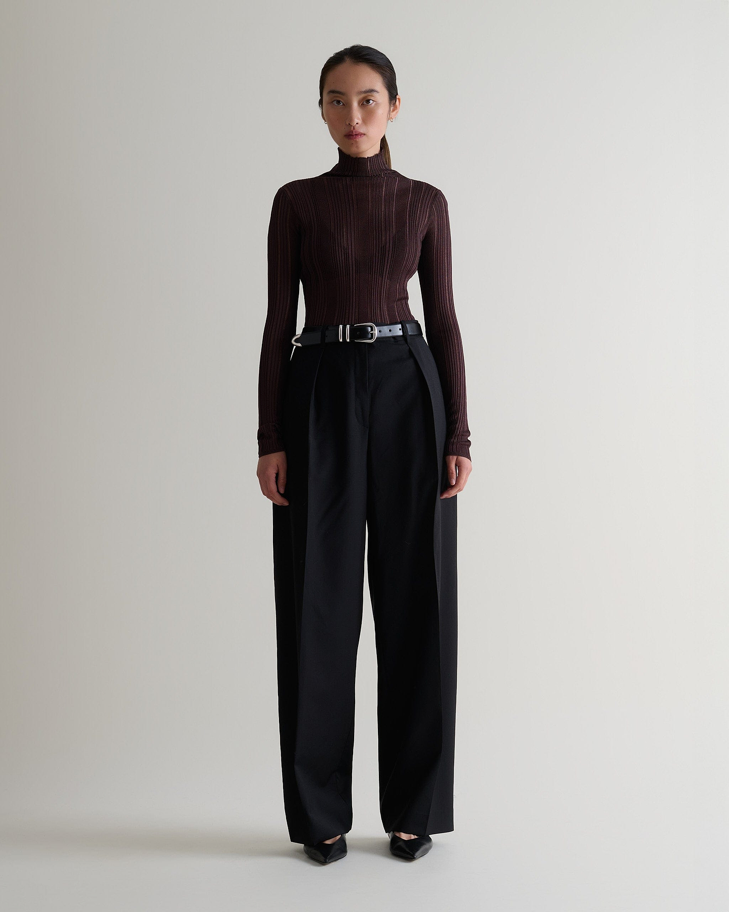 Women's Ladder Ribbed Roll Neck Top - Chocolate