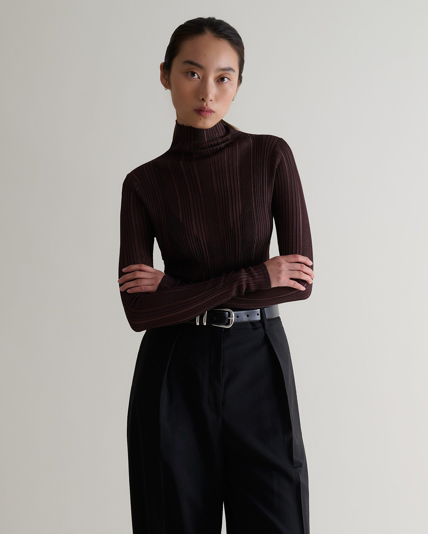 Women's Ladder Ribbed Roll Neck Top - Chocolate