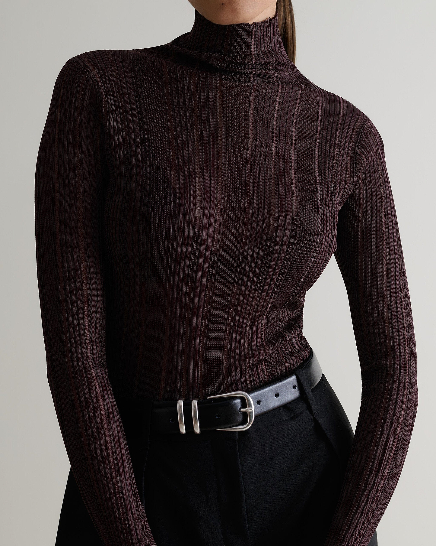 Women's Ladder Ribbed Roll Neck Top - Chocolate