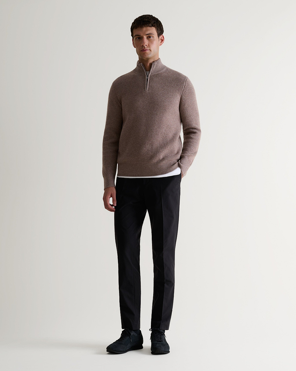 Men's Cashmere Merino Fishermans Rib 1/4 Zip Jumper - Toast