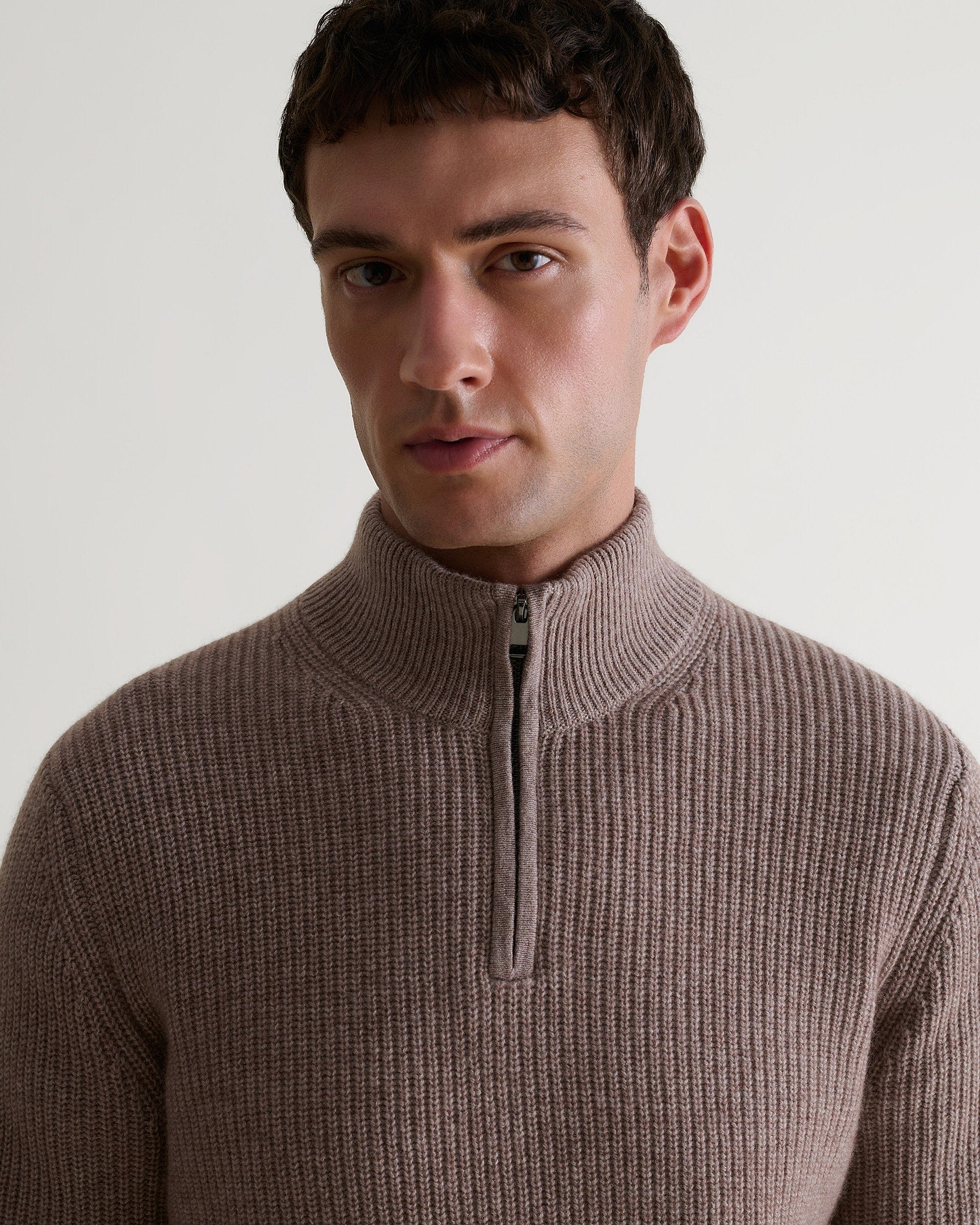 Men's Cashmere Merino Fishermans Rib 1/4 Zip Jumper - Toast