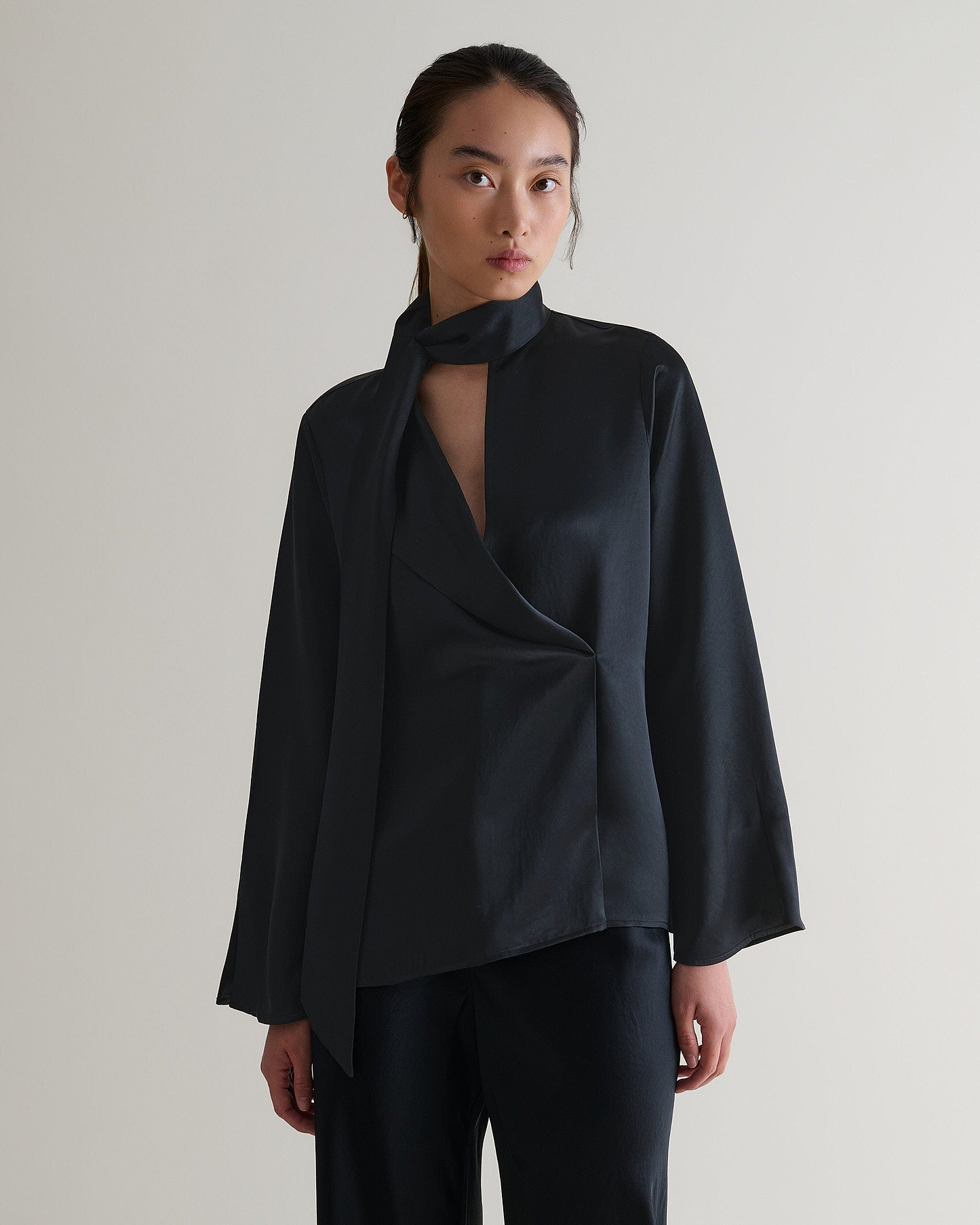 Women's NAIA™ Liquid Satin Scarf Blouse - Black
