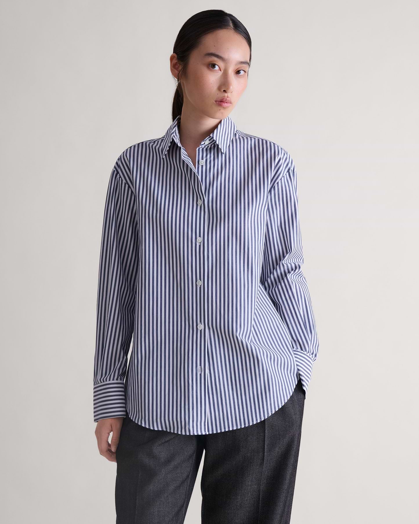 Organic Cotton Oversized Poplin Shirt - Navy Stripe