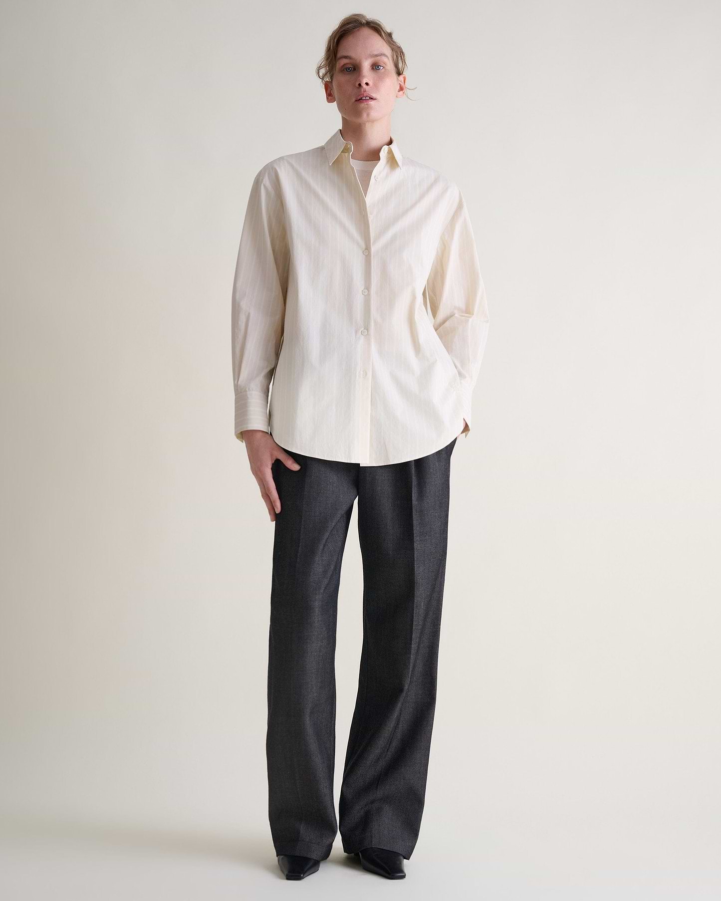 Organic Cotton Oversized Poplin Shirt - Putty Stripe