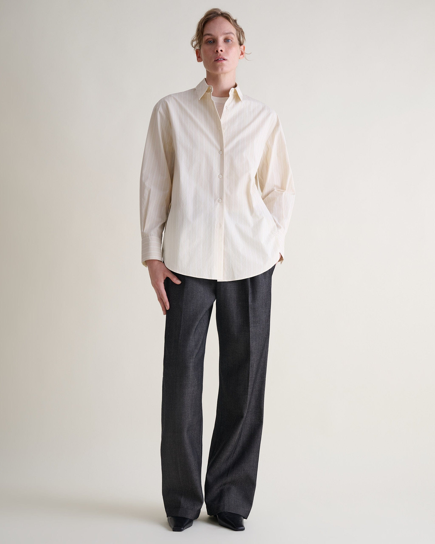Organic Cotton Oversized Poplin Shirt - Putty Stripe