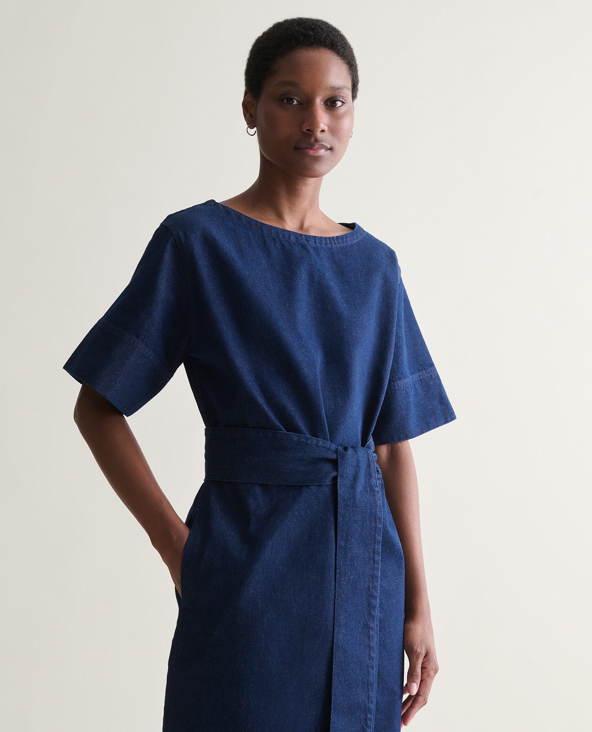 Women's Organic Denim Belted Dress - Indigo