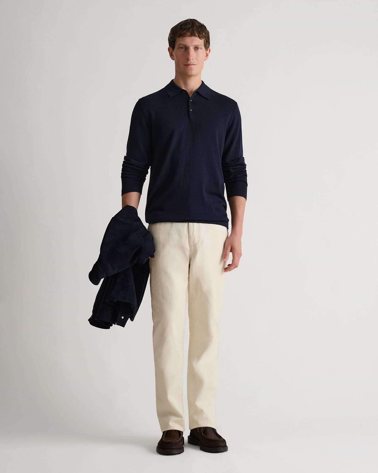 Men's Silk-Cotton Fine Knit Long Sleeve Polo - Indigo