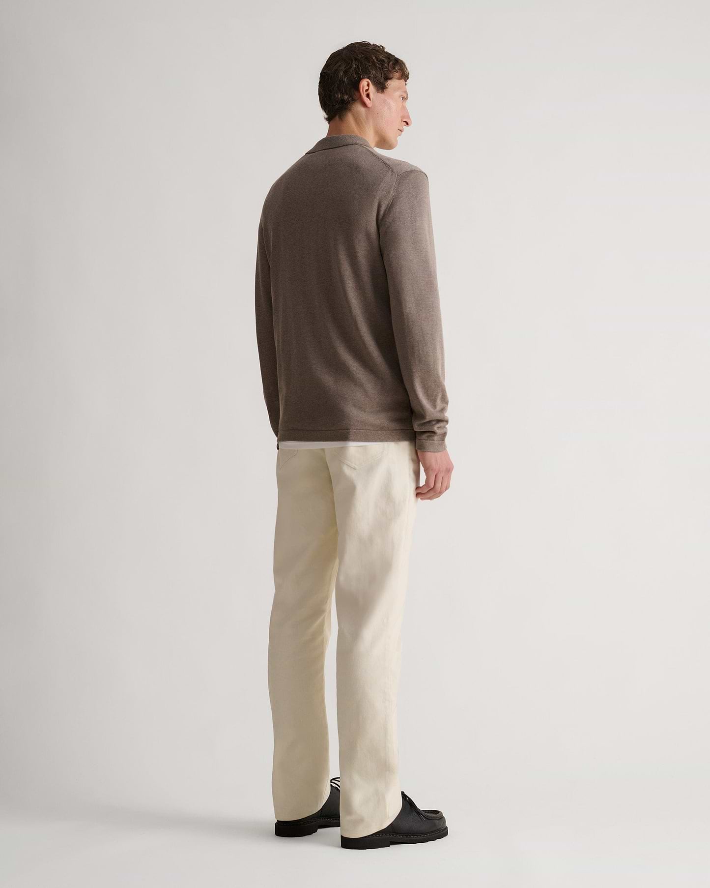 Men's Silk-Cotton Fine Knit Long Sleeve Polo - Mole