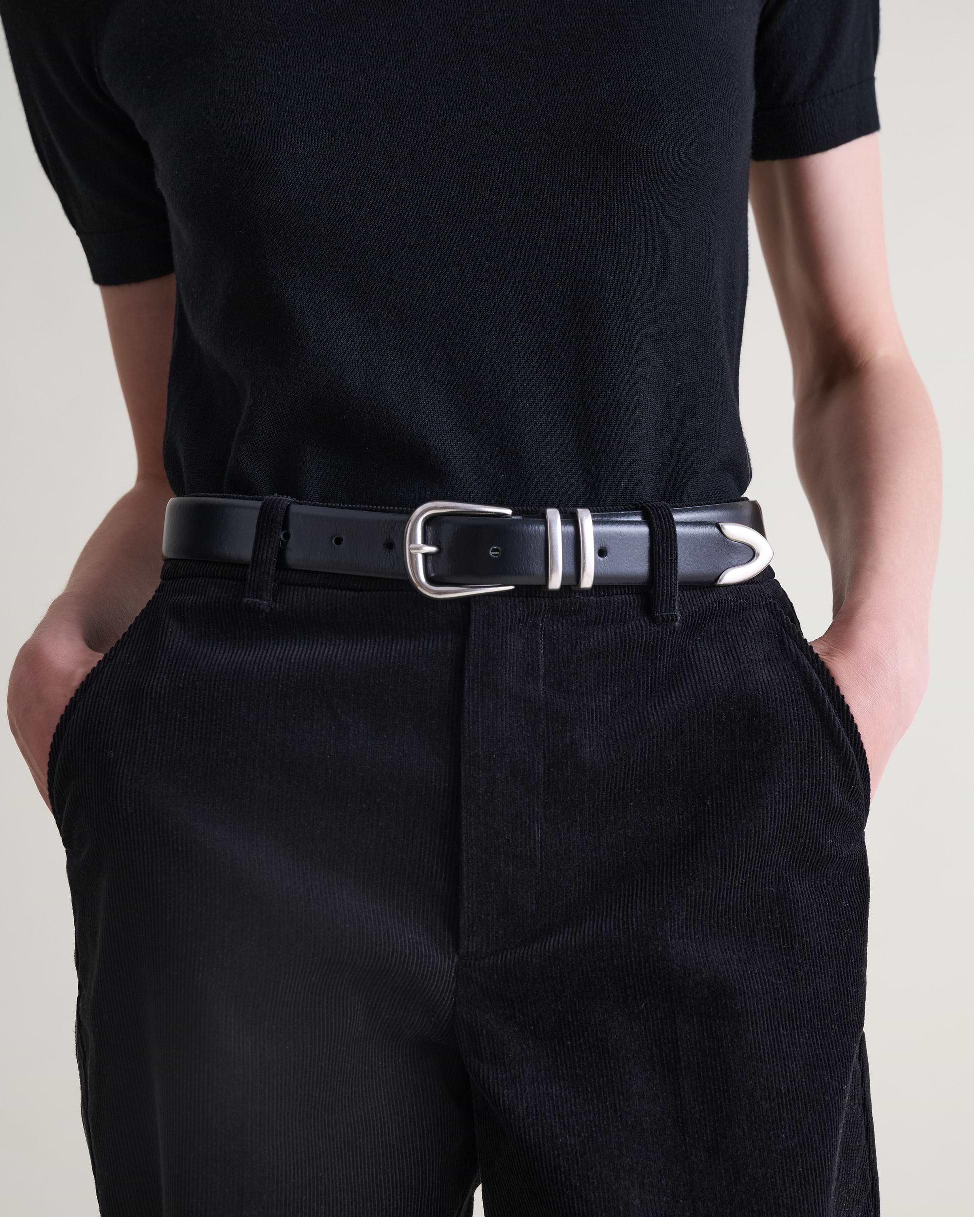 Women's Smooth Leather Wide Buckle Belt - Black