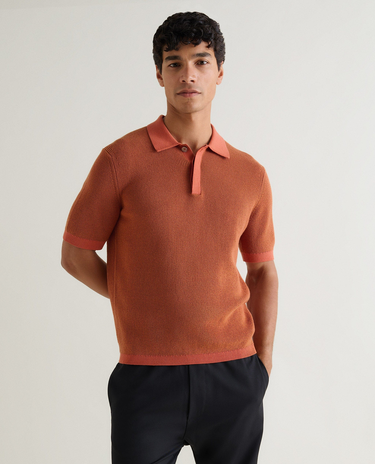 Men's Waffle Knit Cotton Polo - Tobacco