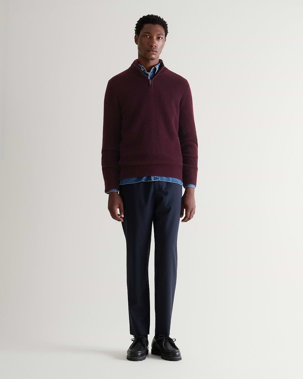 Men's Cashmere Merino Fishermans Rib 1/4 Zip Jumper - Oxblood