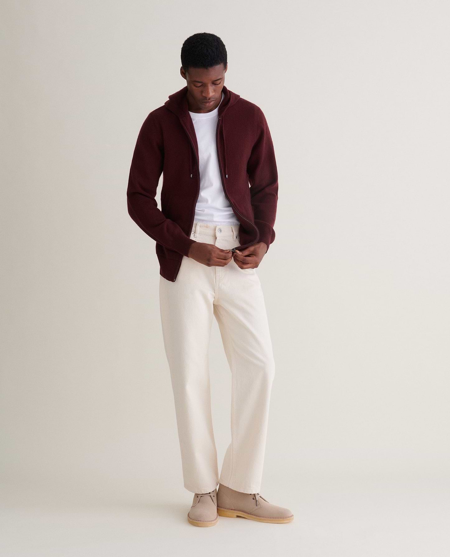 Image 1 of 4 showing man wearing Rise & Fall's Finest Cashmere Full Zip Hoodie in Oxblood.
