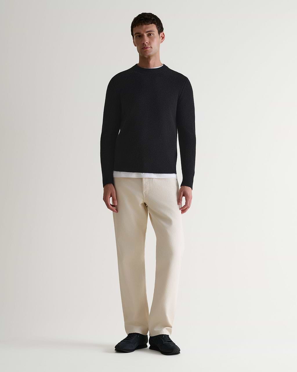 Men's Cashmere Merino Fishermans Rib Crew Neck Jumper - Black