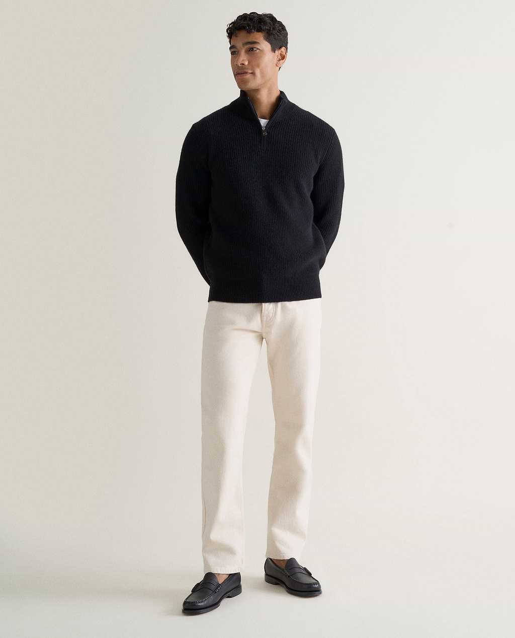 Men's Cashmere Merino Fishermans Rib 1/4 Zip Jumper - Black