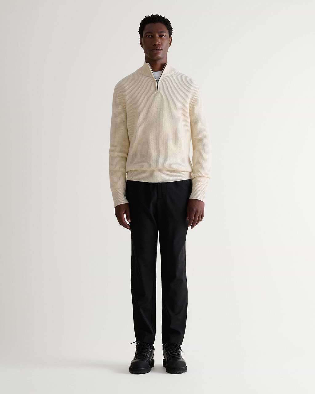 Men's Cashmere Merino Fishermans Rib 1/4 Zip Jumper - Buttermilk